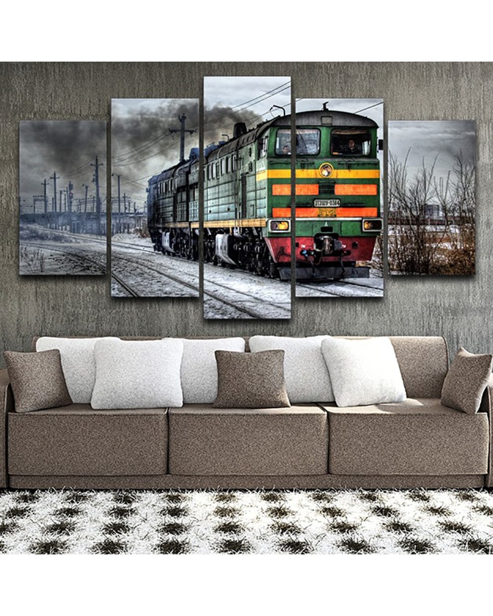 Tableau Old Locomotive Landscape Modern Picture Print Abstract 5 Panel Canvas Art Wall Decor front-0