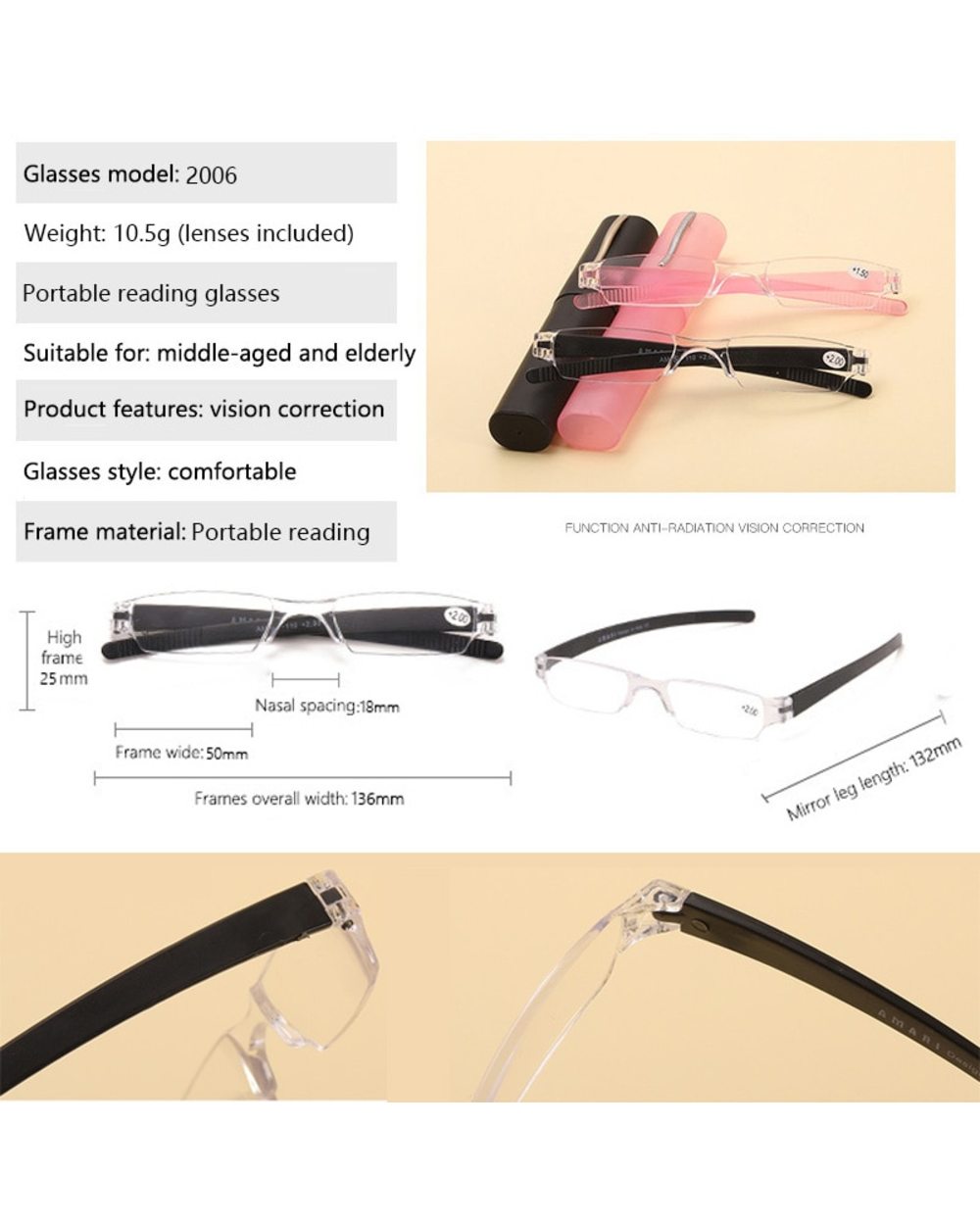 Pen Holder Reading Glasses Resin Lens Ultralight Presbyopia Eyeglasses Portable Men And Women Unisex Diopter +1.0 1.5 2 front-1