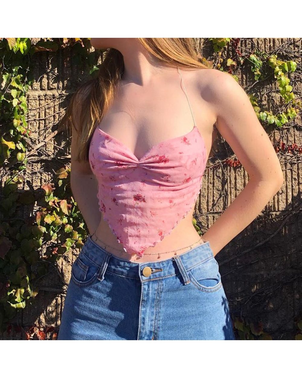 Pink Cute Mesh Halter Tank Tops- Women Flower Print Crop Top Streetwear front-1