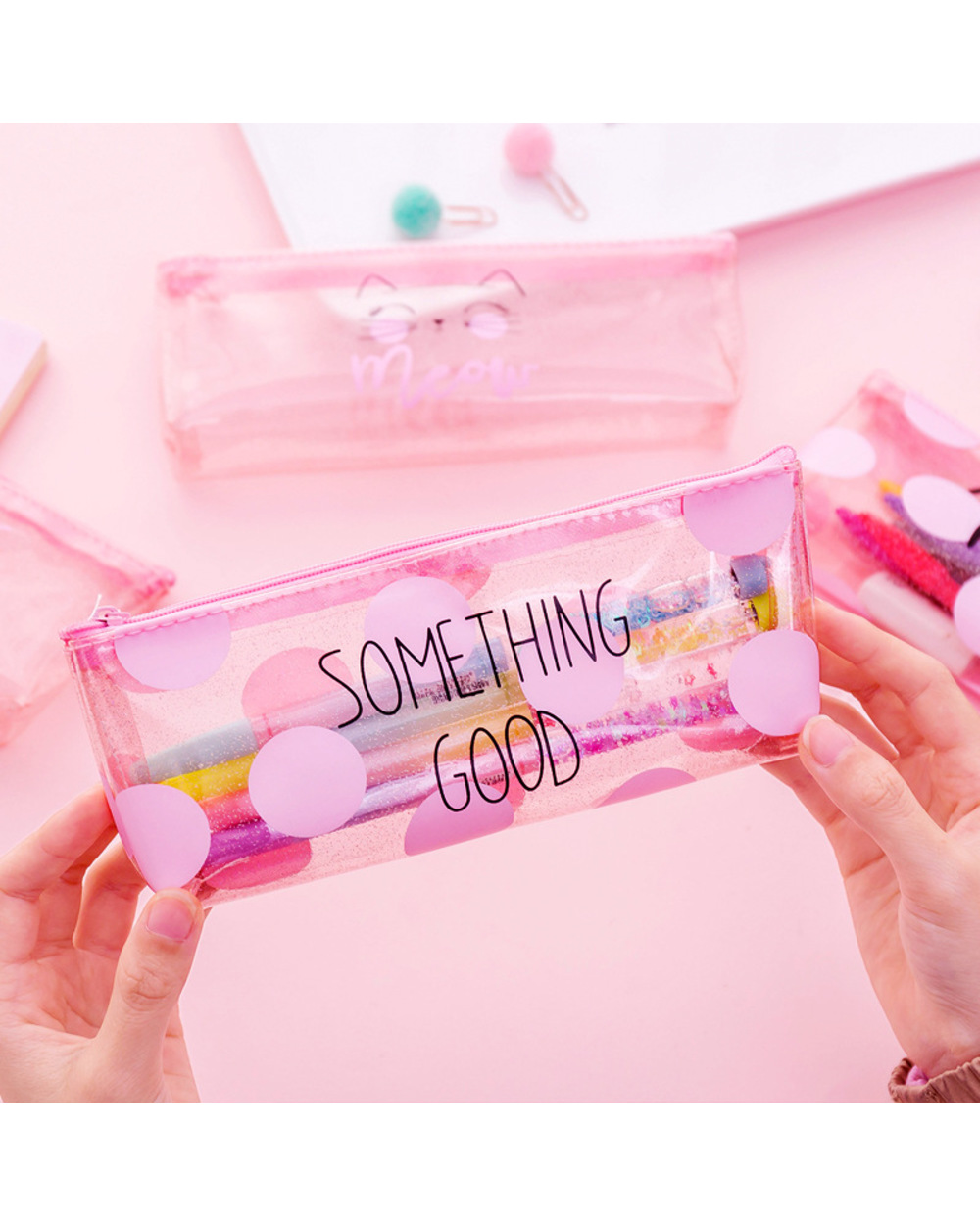 Cute Kawaii Pink Cat Pencil Case School Supplies For Girls Stationery Gift Large Pencil Bag Transparent Pen Bag School front-4