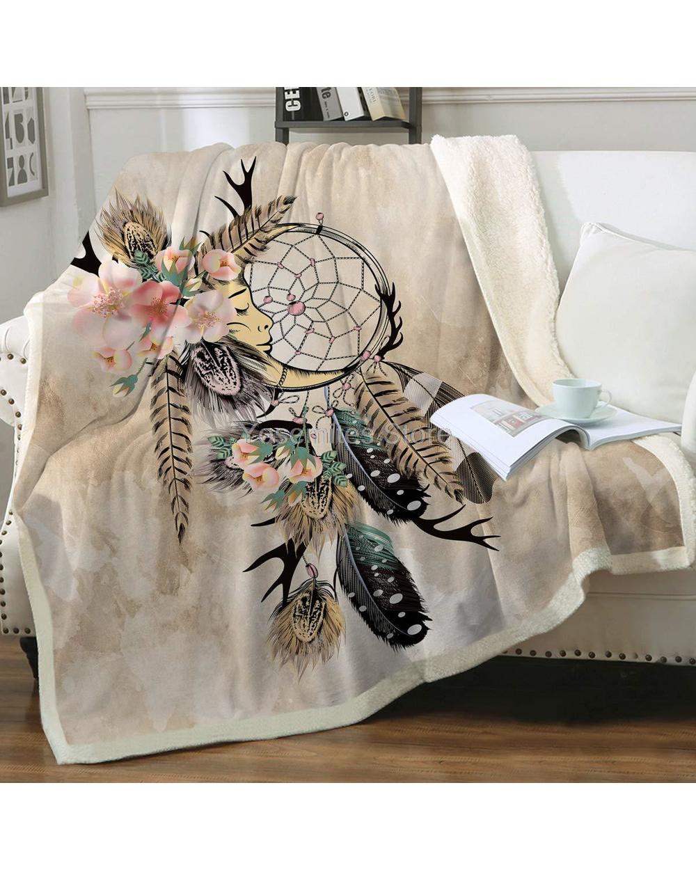 Bohemian Pattern Sherpa Fleece Throw Blanket Vintage Moon Dream Catcher with Rose Feathers Native Print Couch Sofa Bed front-0