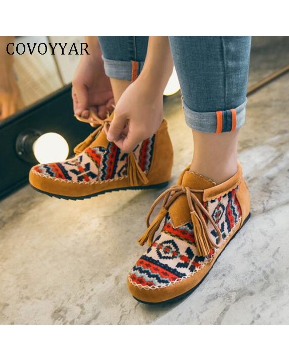 Fringe Women Boots Vintage Print Ankle front-0
