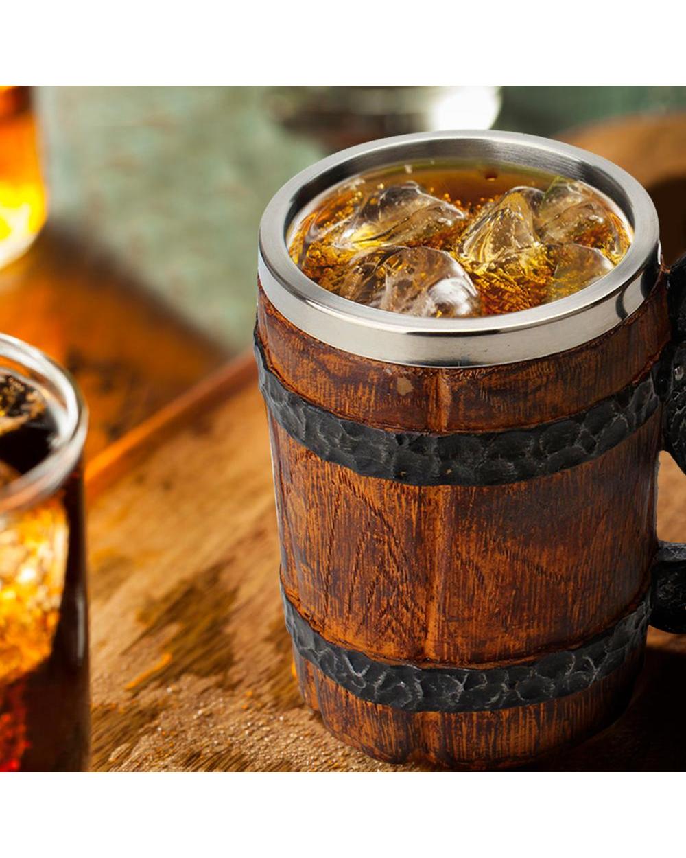Wood Style Beer Mug Drinking Mug Metal Insulated Coffee Tea Bar Drinking Cup front-4