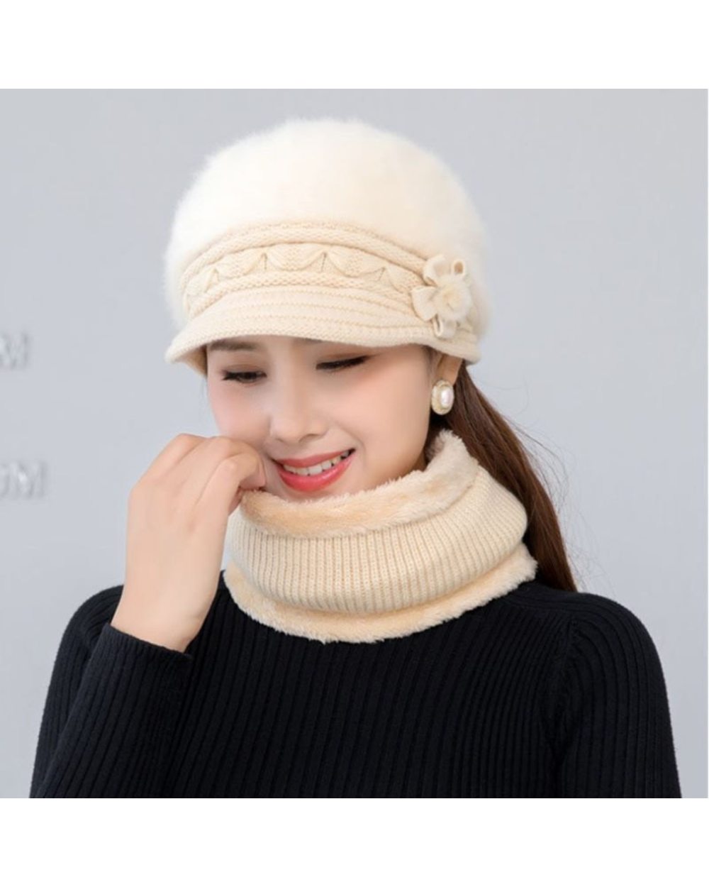 Winter Hat Female Knitted Rabbit Fur Hat Bib Glove Suit Flower Beret Middle-Aged Elderly Plus Velvet Warm Cap A Gift Fo front-4