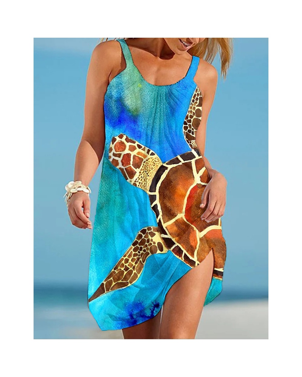 Sea Turtle Women Fashion Print Dress Midi Summer Strap Beach Dress Bohemian Casual Sleeveless Party Dresses front-4