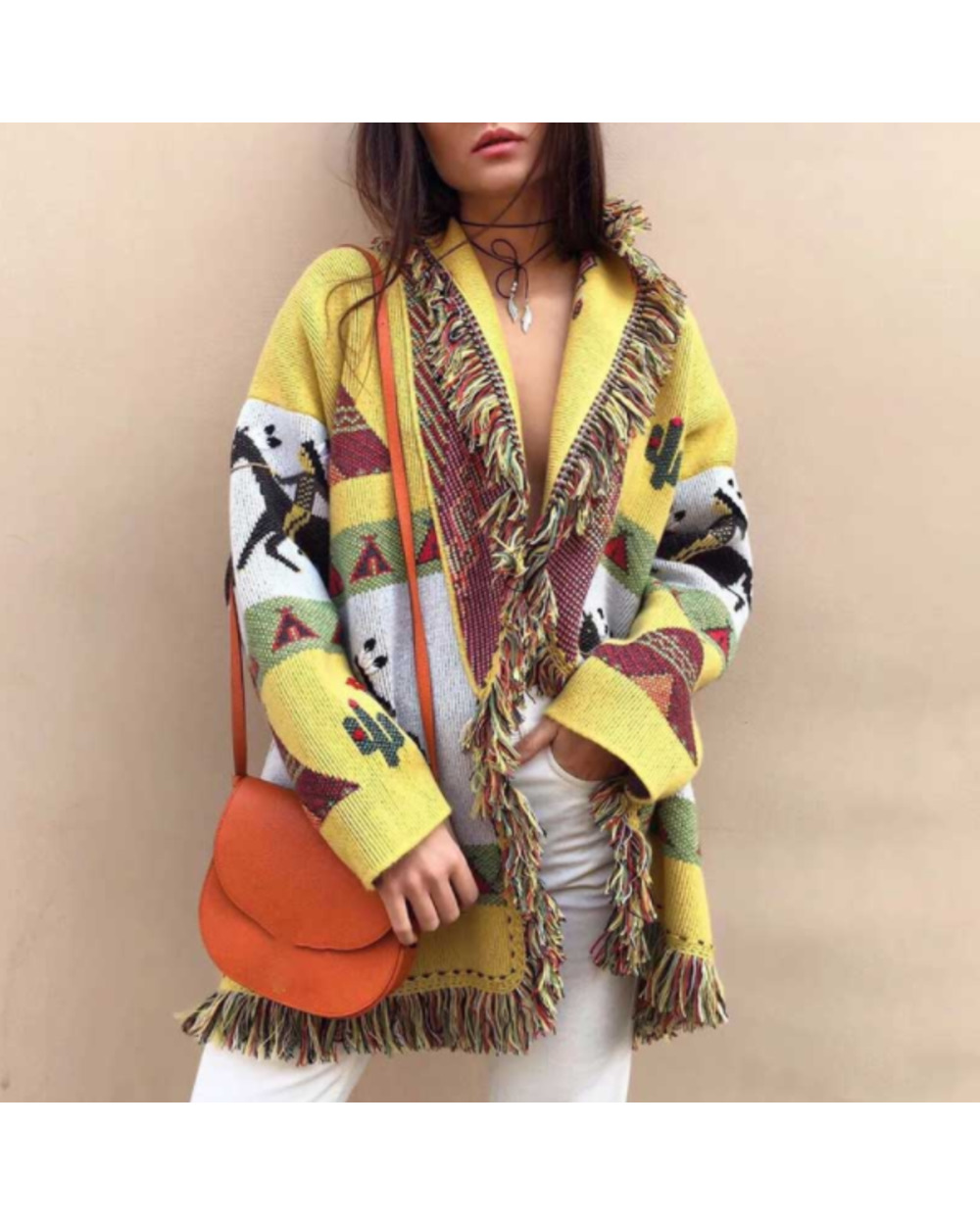 Autumn Winter Sweater Jacket Women Lapel Tassel Jacquard Long Sleeve Cardigan Bohemian Retro Long Sweater Tops VG06 front-3