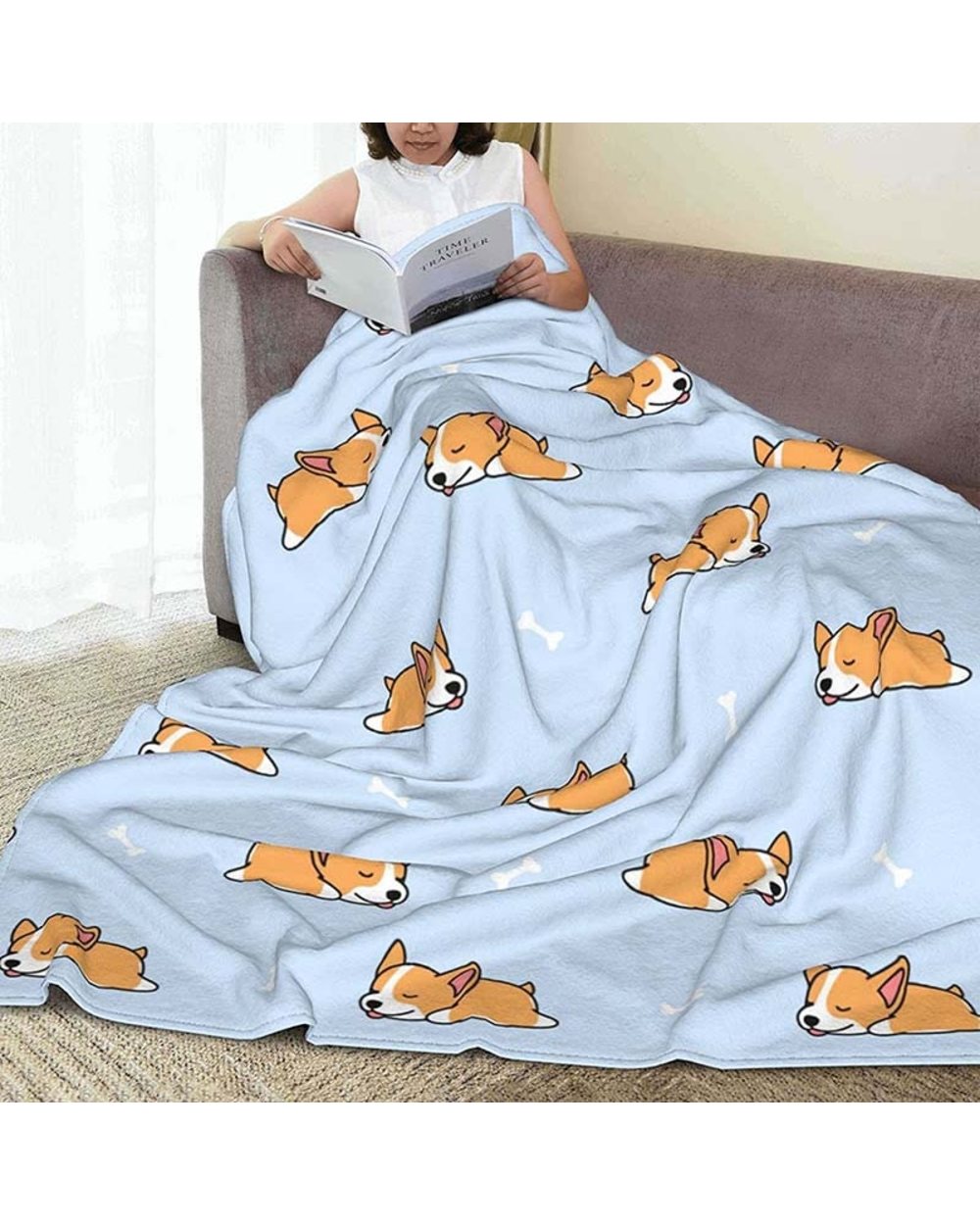 Corgi Cute Blue Plush Warm Bed Blanket Soft Throw Blanket Fits Couch Sofa Pet Blanket Lazy Blanket front-1
