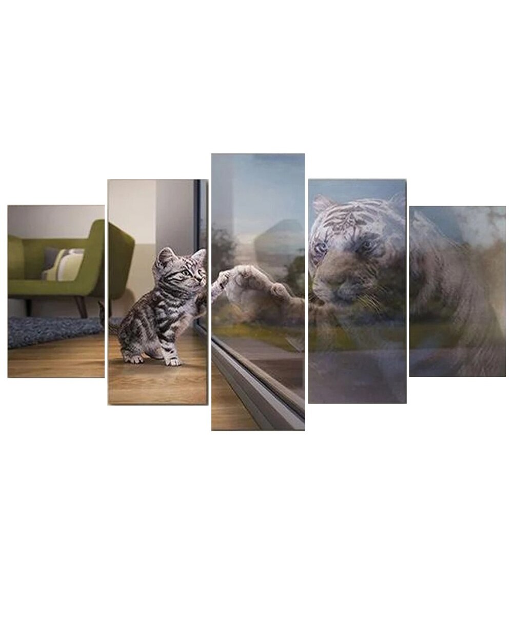 Animal Poster Cute Kitten Tiger Reflection Picture Print Animal 5 Panel Canvas Art Wall Decor front-2