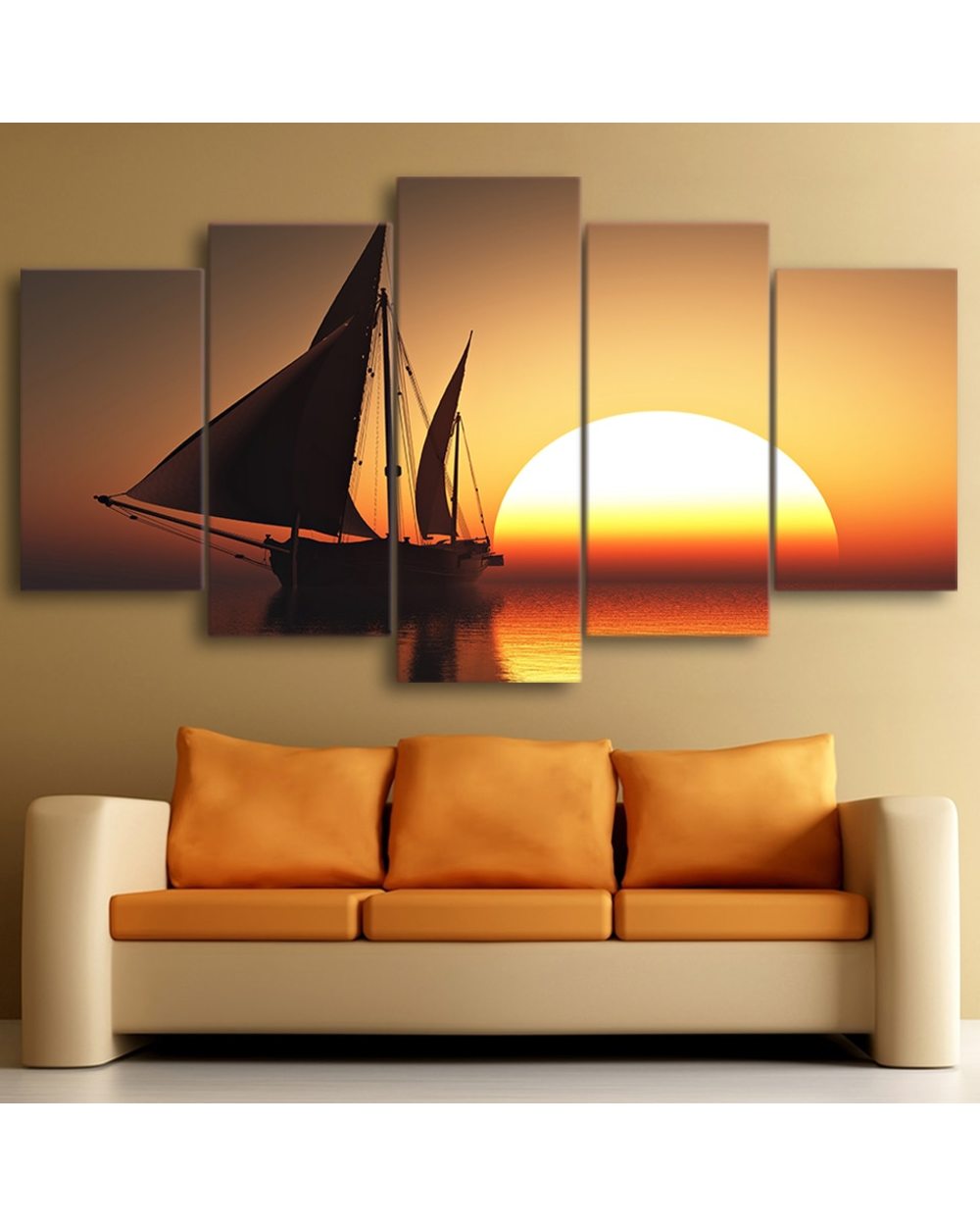 Sun Sea Ship Picture Print Scenery 5 Panel Canvas Art Wall Decor front-0