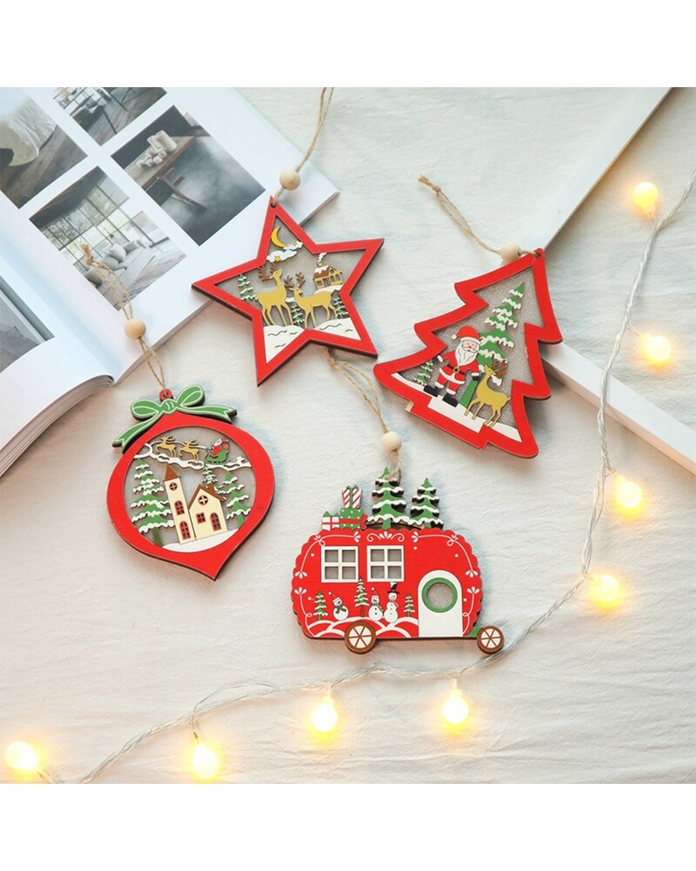 1pc Christmas LED Decoration Glow Christmas Tree Wooden Pendant Star Santa Claus DIY Wooden Craft New Year 2022 Decor front-2