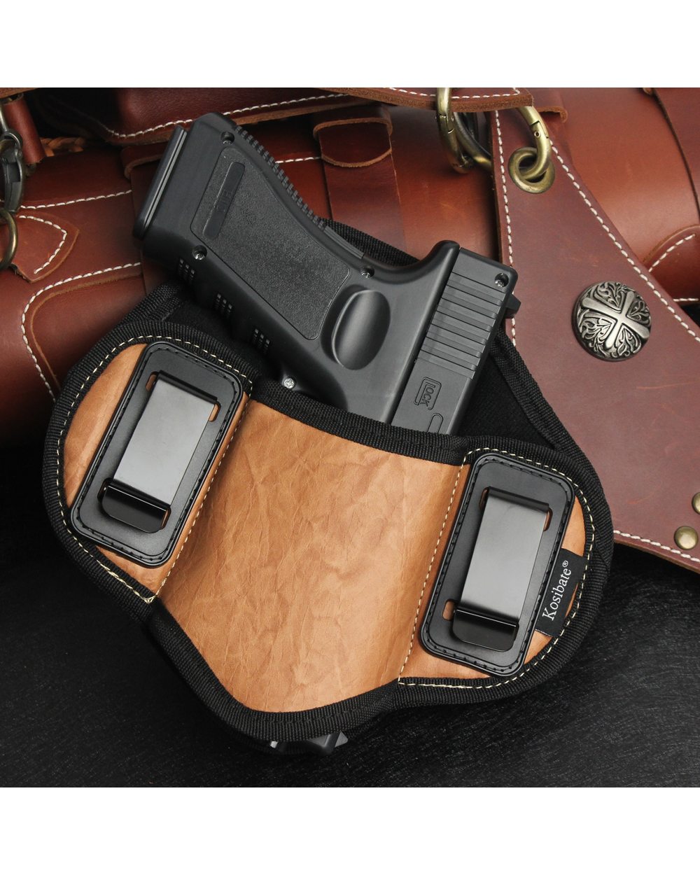 Kosibate Hunting Holster PU Leather Concealed for Gun Pistol Glock front-2