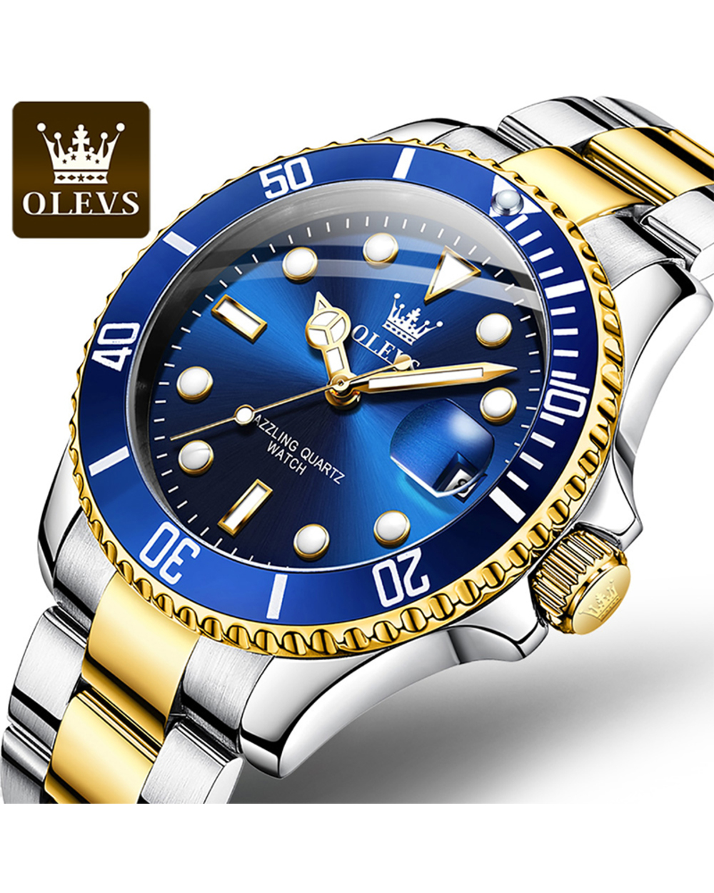 OLEVS Men Luminous Waterproof Watch Trend Calendar Display Stainless Steel front-2