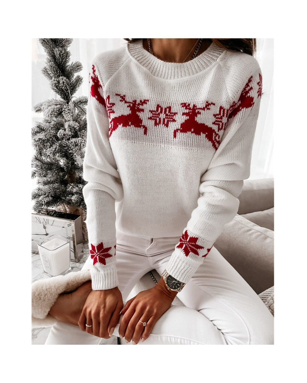 Beautiful Christmas Sweater Round Neck Long Sleeve Elk Deer Snowflake Women's Pullovers Knit front-0