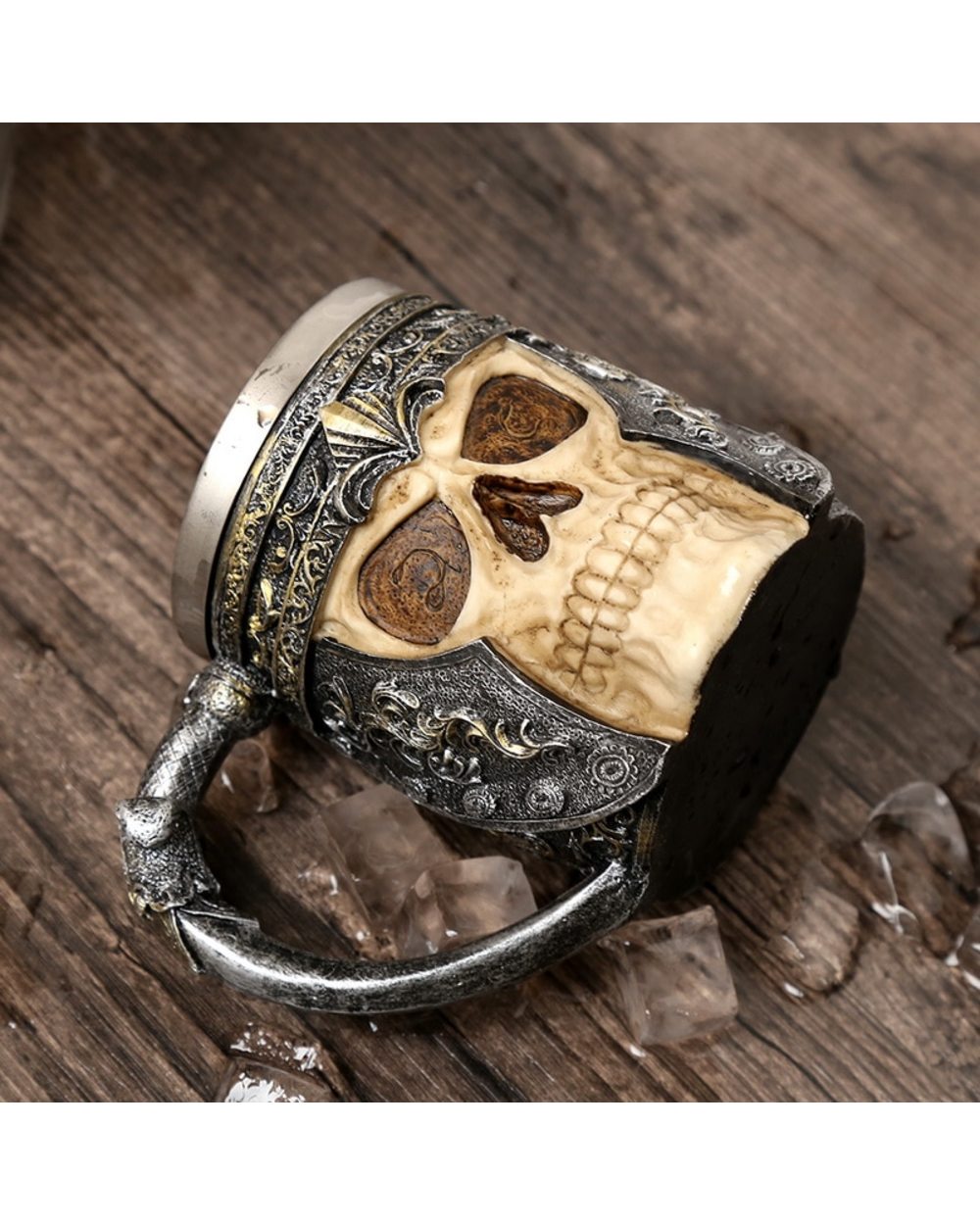 Retro Horn Skull Resin Beer Mug Stainless Steel Skull Knight Tankard Halloween Coffee Cup Viking Tea Mug front-2