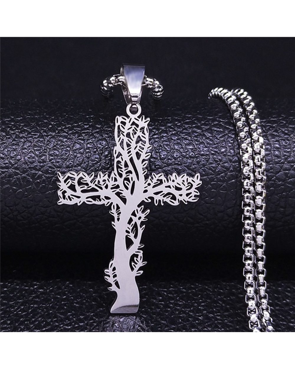 Tree of Life Stainless Steel Cross and Necklace Silver Color front-3