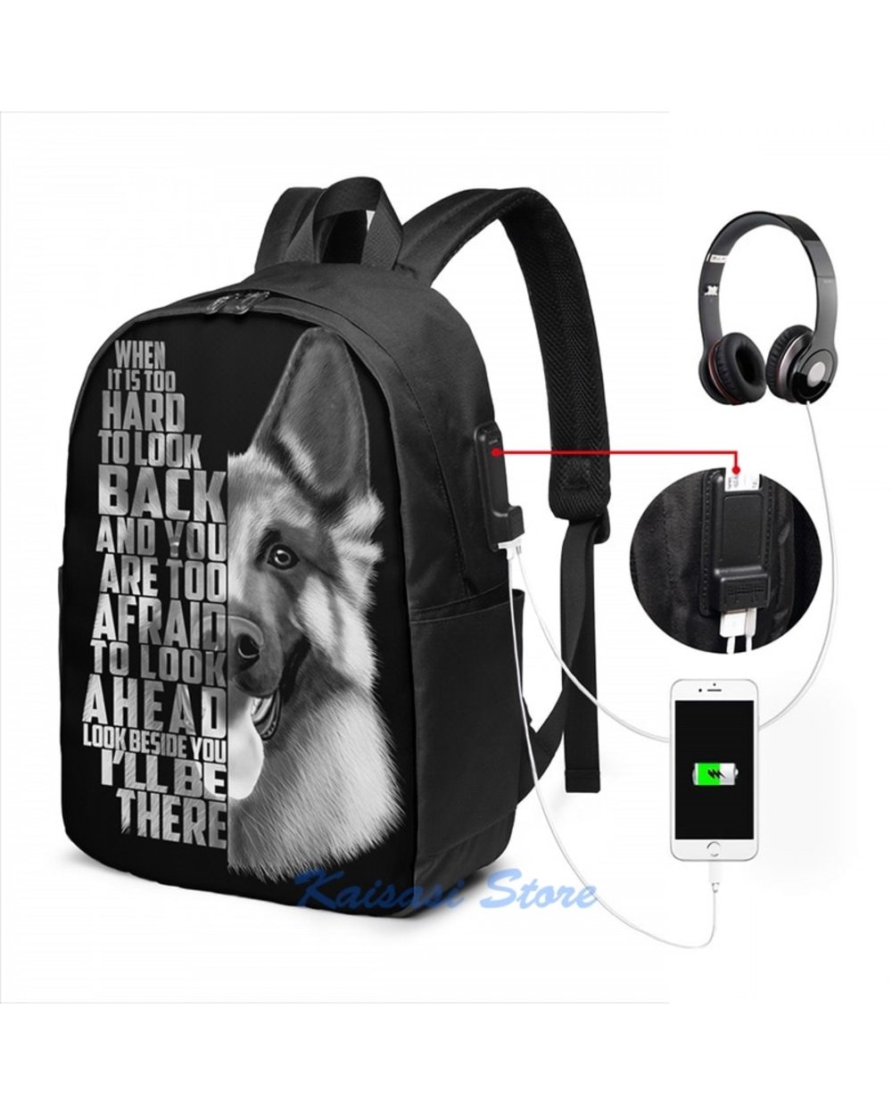 German Shepherd Quote,German Shepherd Black and white USB Charge Backpack School bags Travel laptop bag front-1