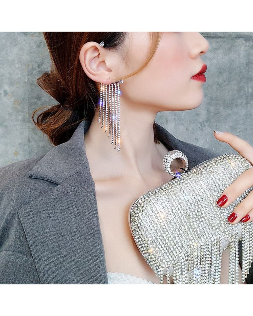 Luxury Crystal 1PC Bling Rhinestone Tassel Non Ear Piercing Drop Earrings Jewelry front-4