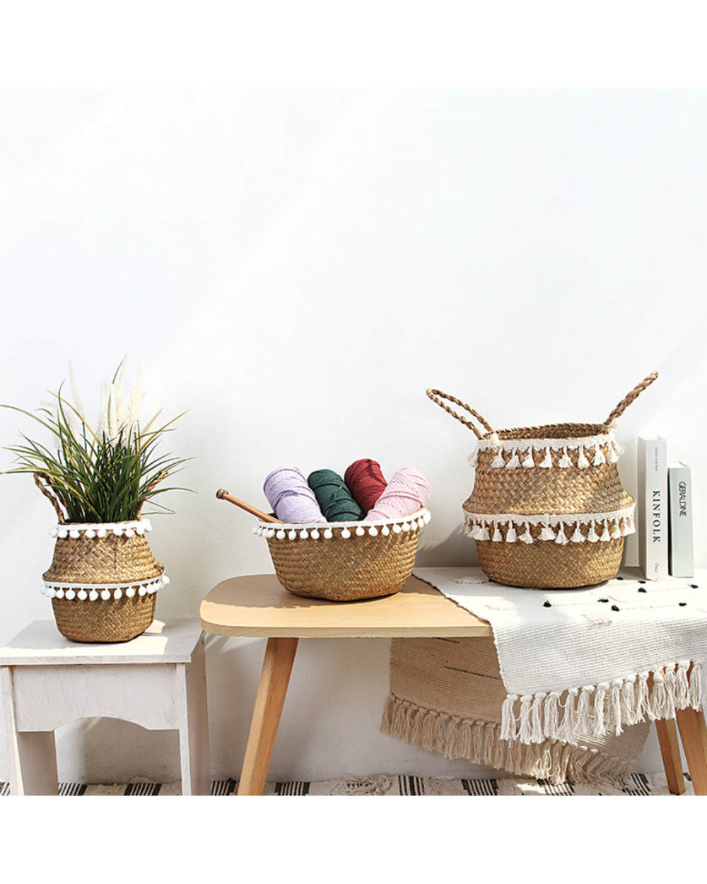 Nordic Macrame Home Organizer Plant Basket Woven Wicker Basket Boho Decor Seagrass Garden Flower Pots Storage Rattan front-5