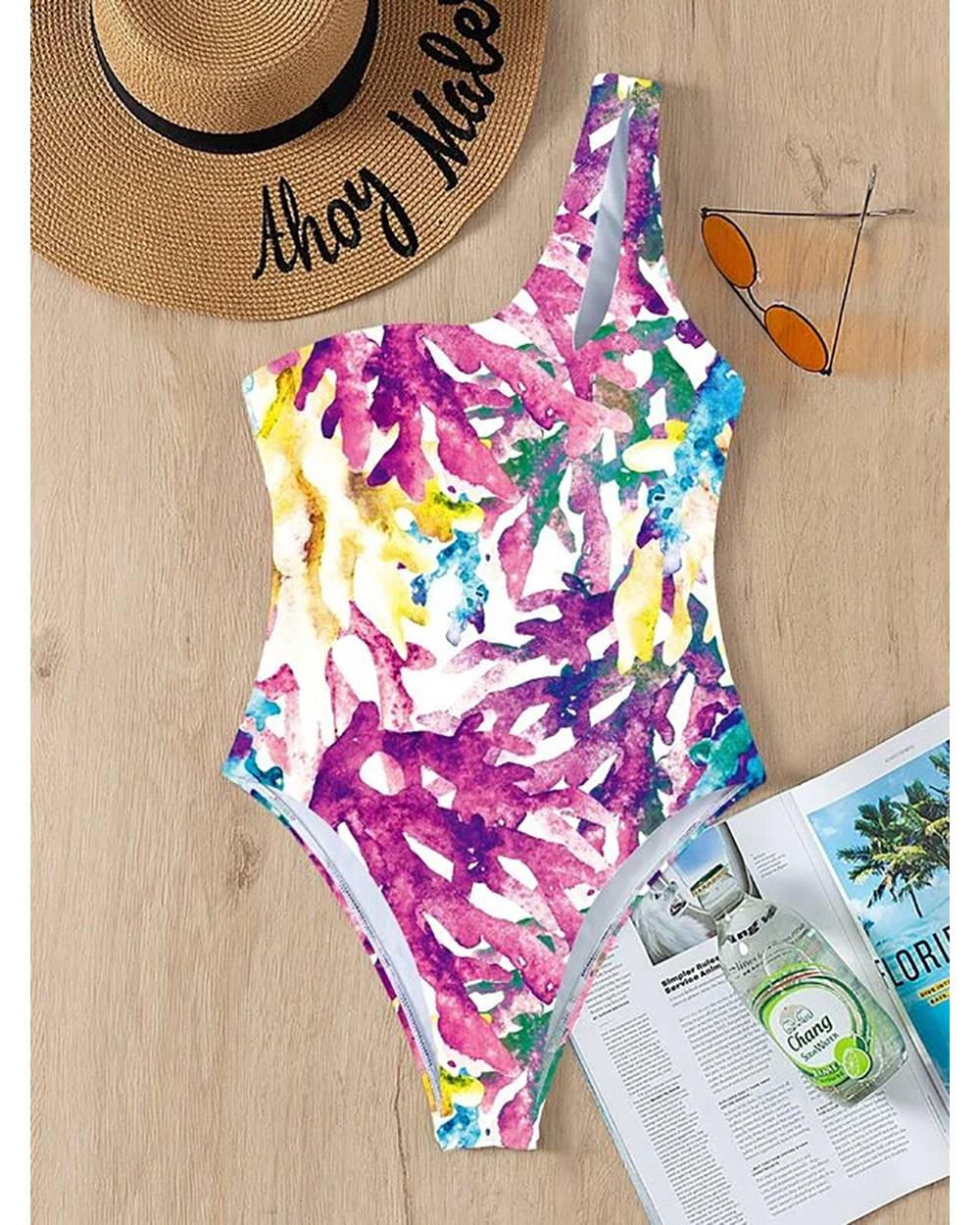 Plavky 2022 Sexy Women Colorful Coral One Shoulder Swimsuit One Piece Bodysuit Sexi Cut Out Swimwear Bathing Suit Swim front-5