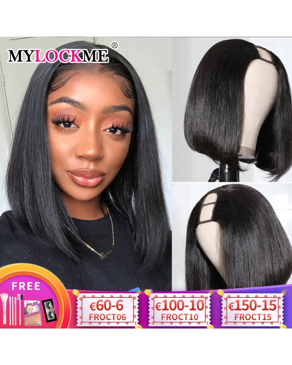 U Part Wig Human Hair 8 14Inch Brazilian Straight Short Bob Human Hair Wigs For Black Women 180 Density Remy Non Lace front-0