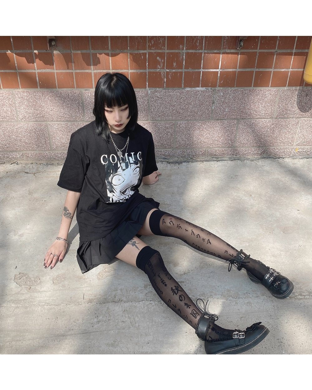 KASURE Sexy Japanese Letter Pantyhose Stockings Tights Mesh FishNet Tattoo Patterned Tights front-5