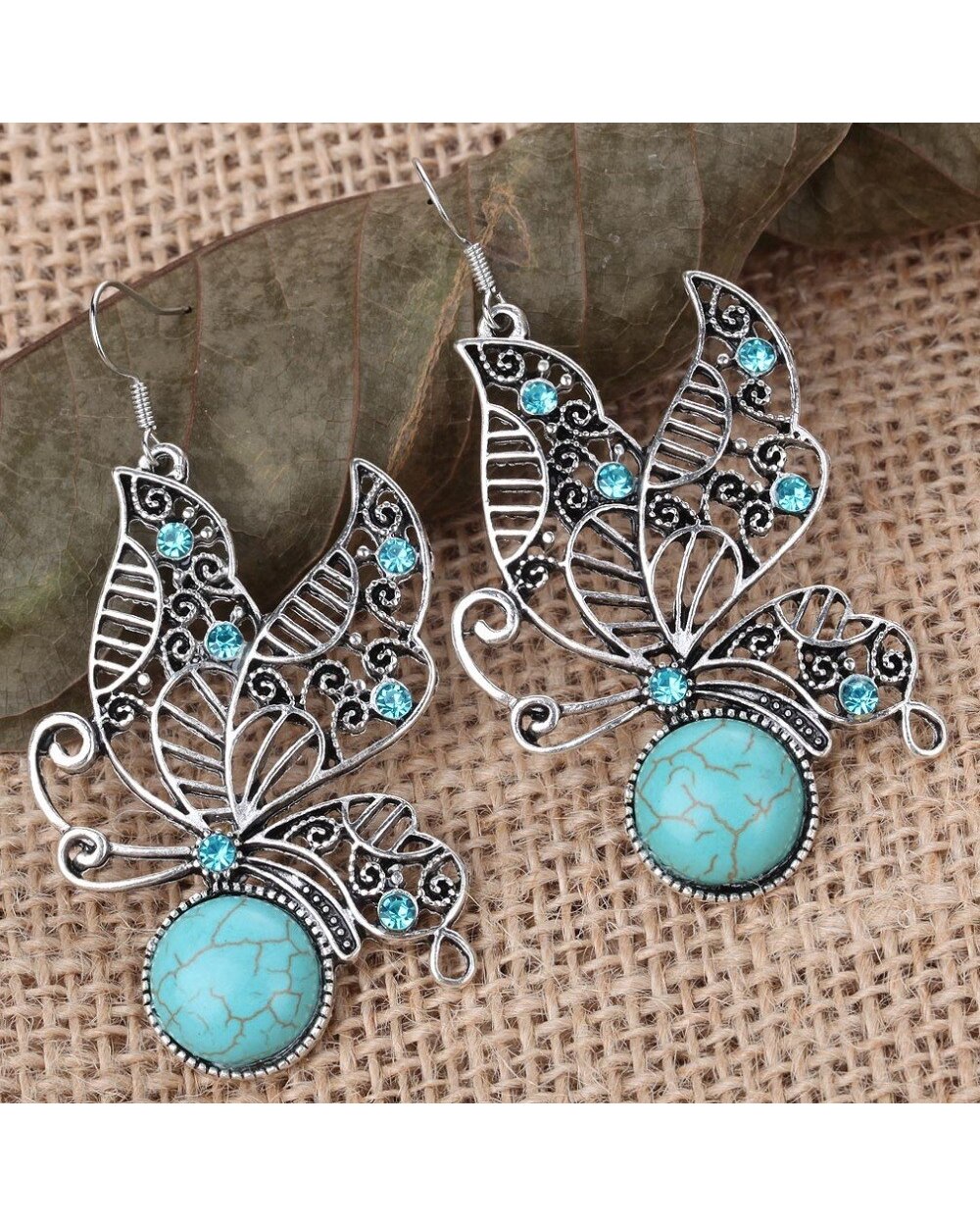 Jewelry Set Retro Crystal Butterfly Earrings Pendant Necklace for Native American Woman front-4