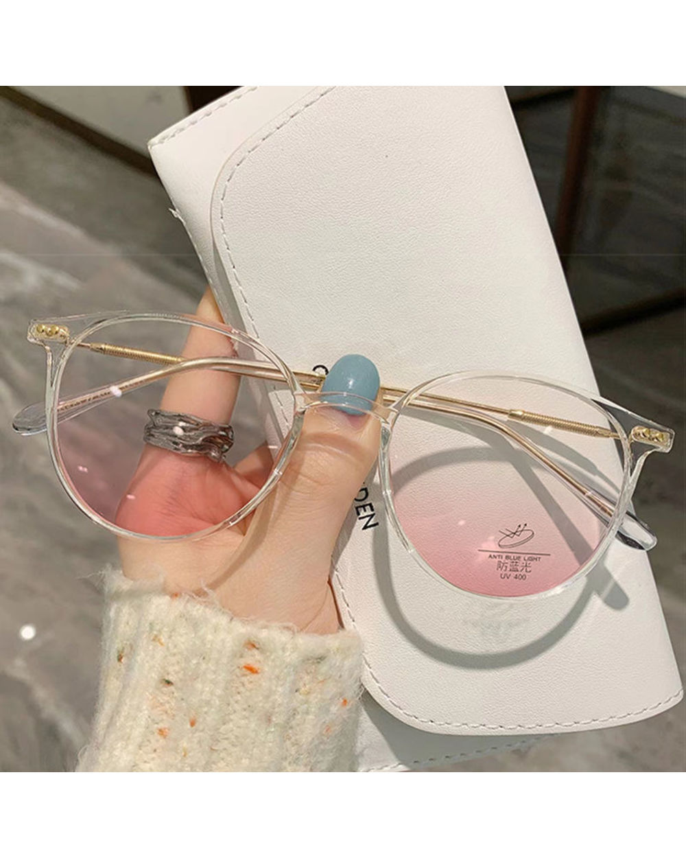Gradient Pink Lenses Ultralight Round Myopia Glasses For Women Retro Brown Tr Frame Finished Prescription Glasses 0 -1. front-3