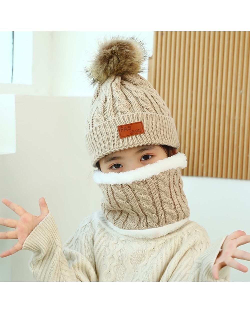 3Pcs Set Baby Winter Hat Pompom Children Hat Knitted Cute Warm Cap Scarf Gloves Suit For Girl Boy Casual Solid Color In front-1