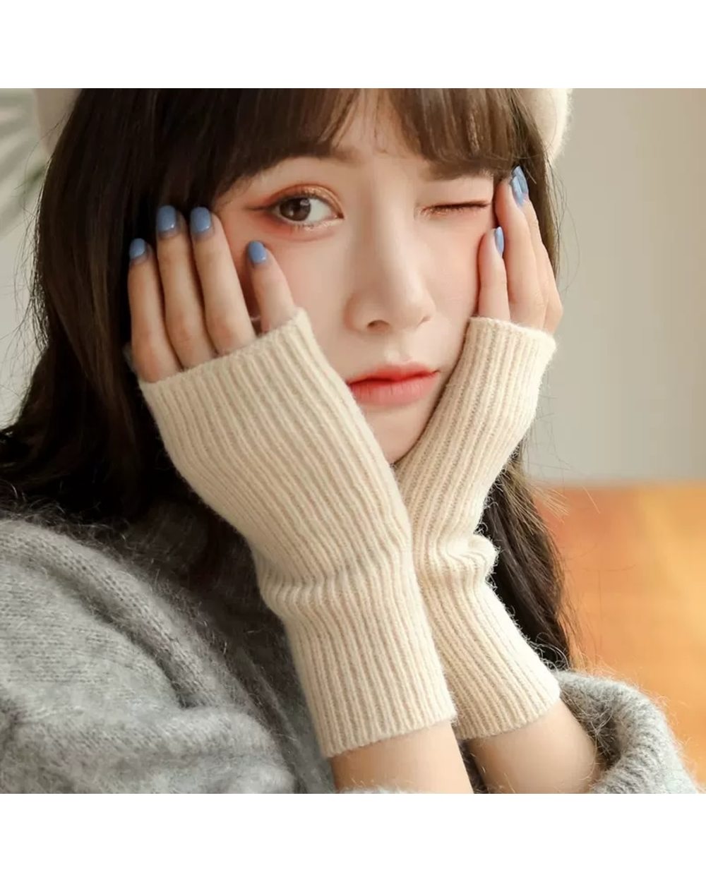 Winter Women Men Warm Fingerless Mitten Knitted Wool Gloves Solid Color Stretch Mittens Exposed Finger Short Cashmere G front-1