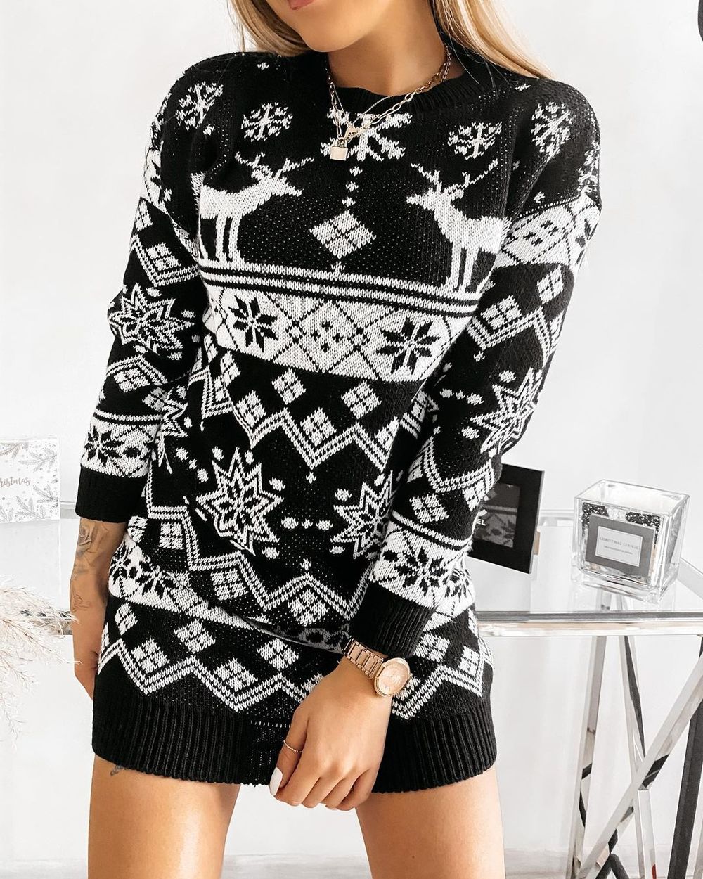 2022 Christmas Ladies Knitted Dress Women Temperament Elk Snowflake Round Collar Long Sleeve Sweater Short Skirt 3 Color front-5