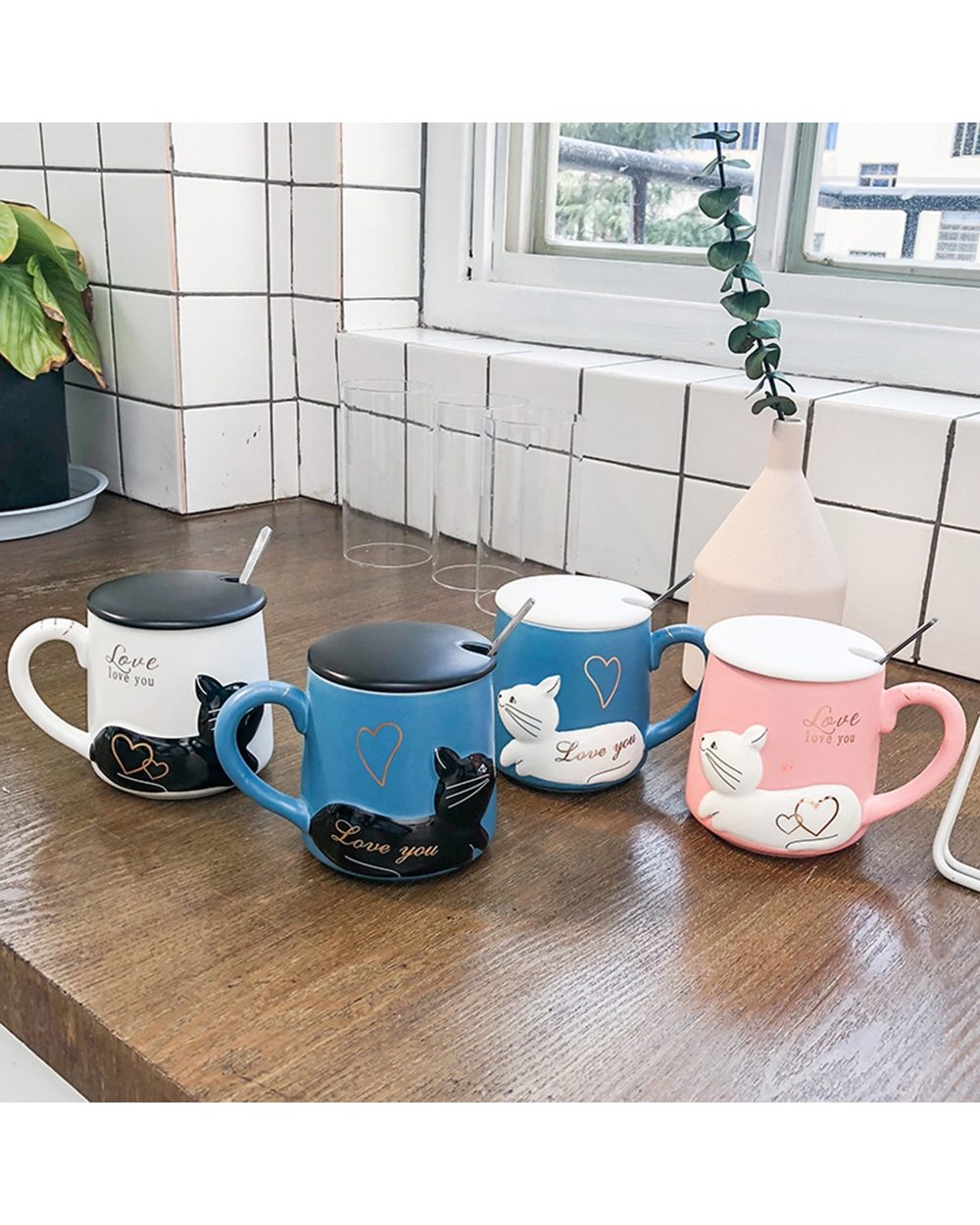 Cat Cups Couple Ceramic Mugs with lid spoon Married Couples Morning Mug Milk Coffee Tea Valentines Day front-1