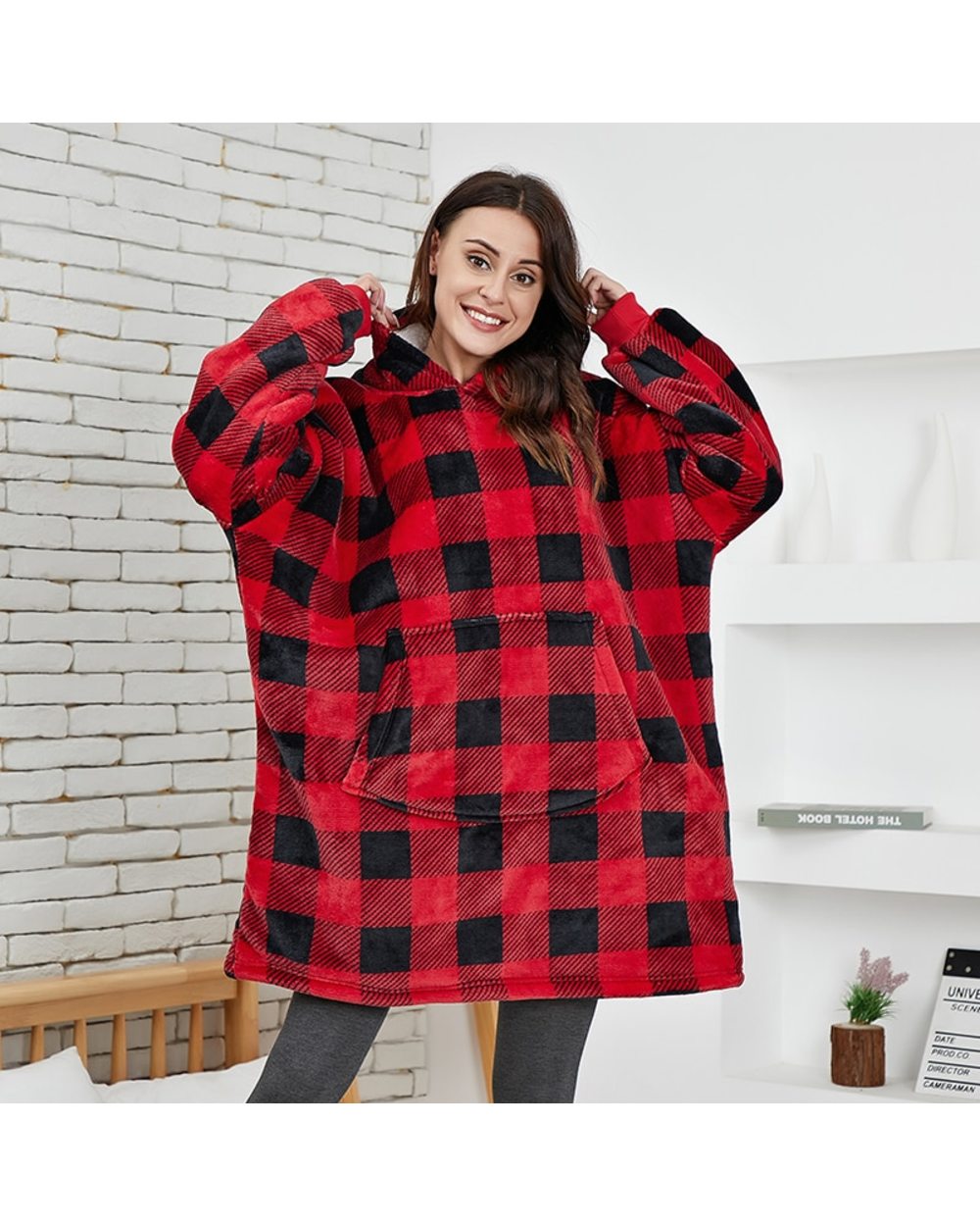 Plaid Winter Hoodies Women Thicken Oversized Hooded Sweatshirt Giant Fleece TV Blanket with Sleeves Casual Loose Warm front-0