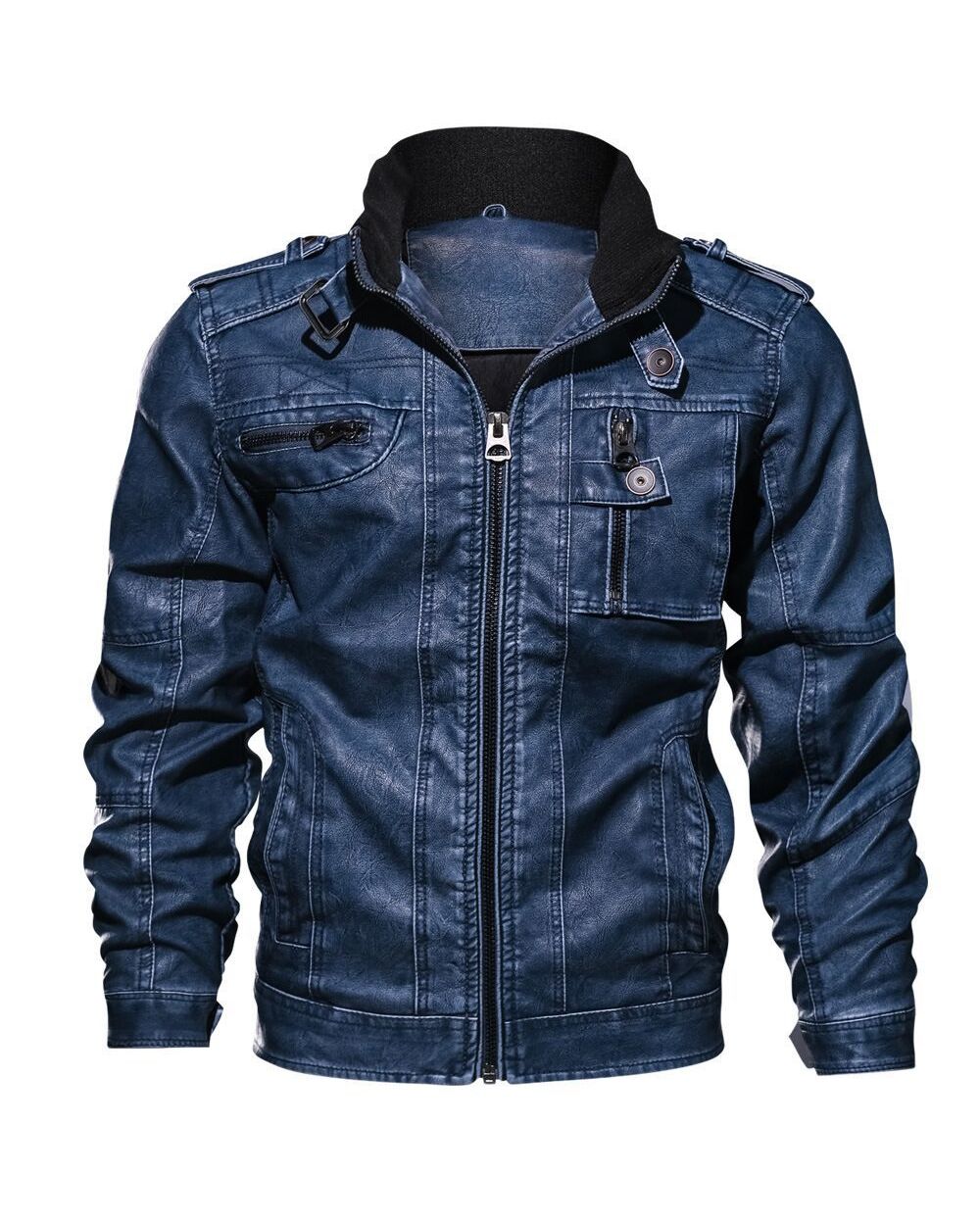 Mens Leather Jackets Motorcycle Stand Collar Zipper Pockets Male US Size PU Coats Biker front-5