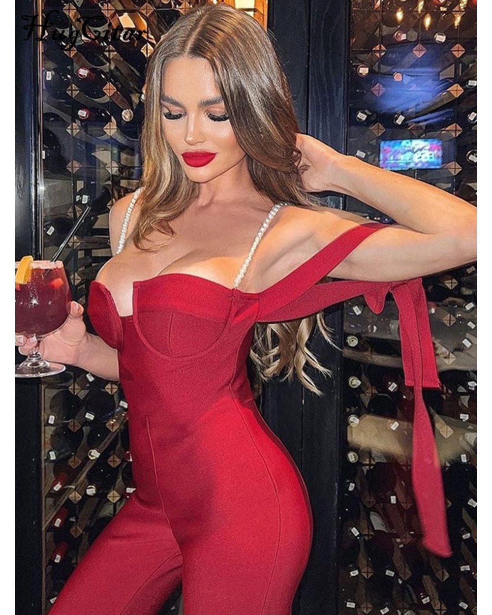 Satin Off Shoulder Pearl Slip Tassel Sleeve Straight Leg Jumpsuit Evening Party Clothing for Women front-0