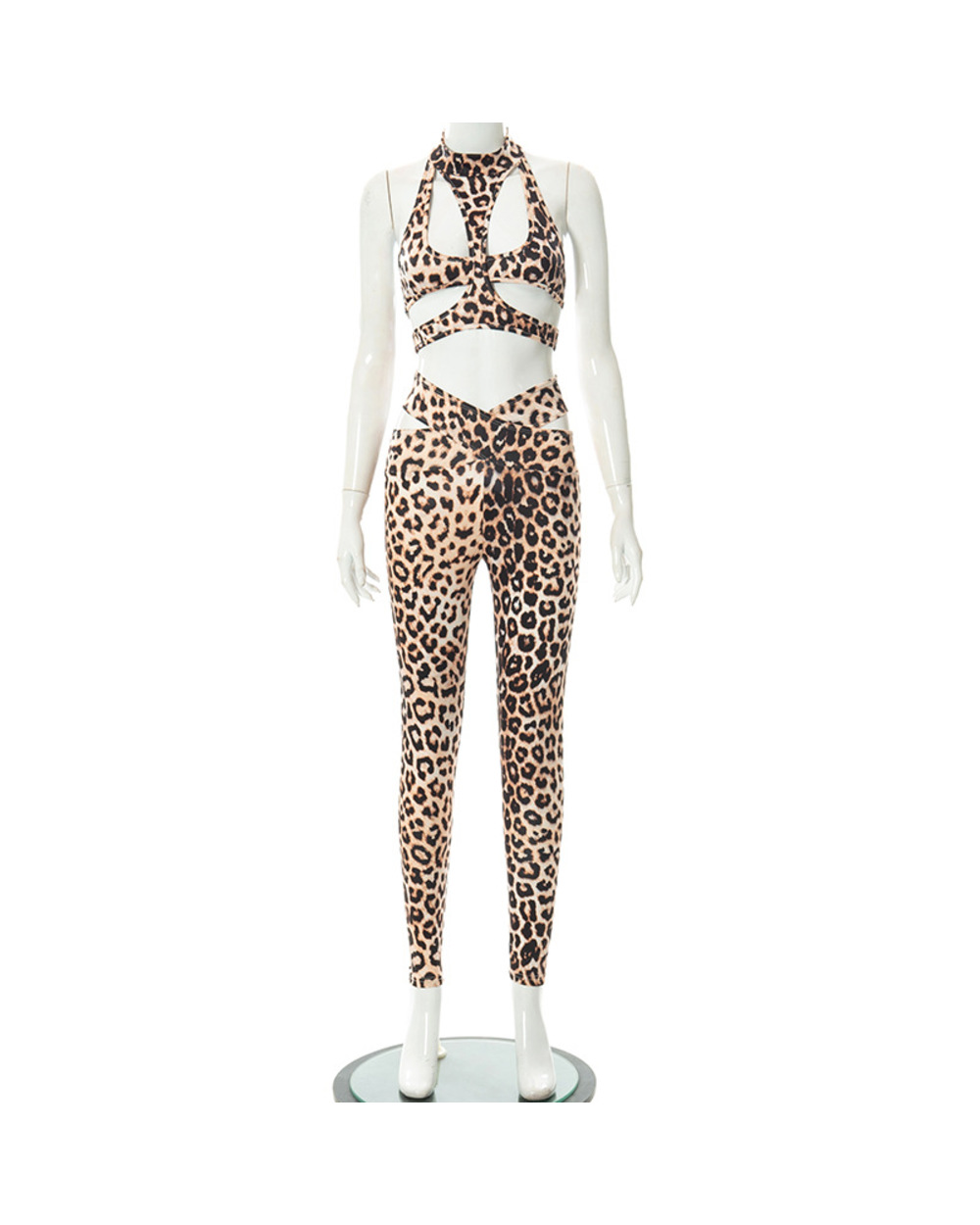 Sexy Leopard Print Cut Out Tracksuit Zebra Print Tank Crop Top + Leggings Skinny Club Party Two Piece Set Sporty front-3