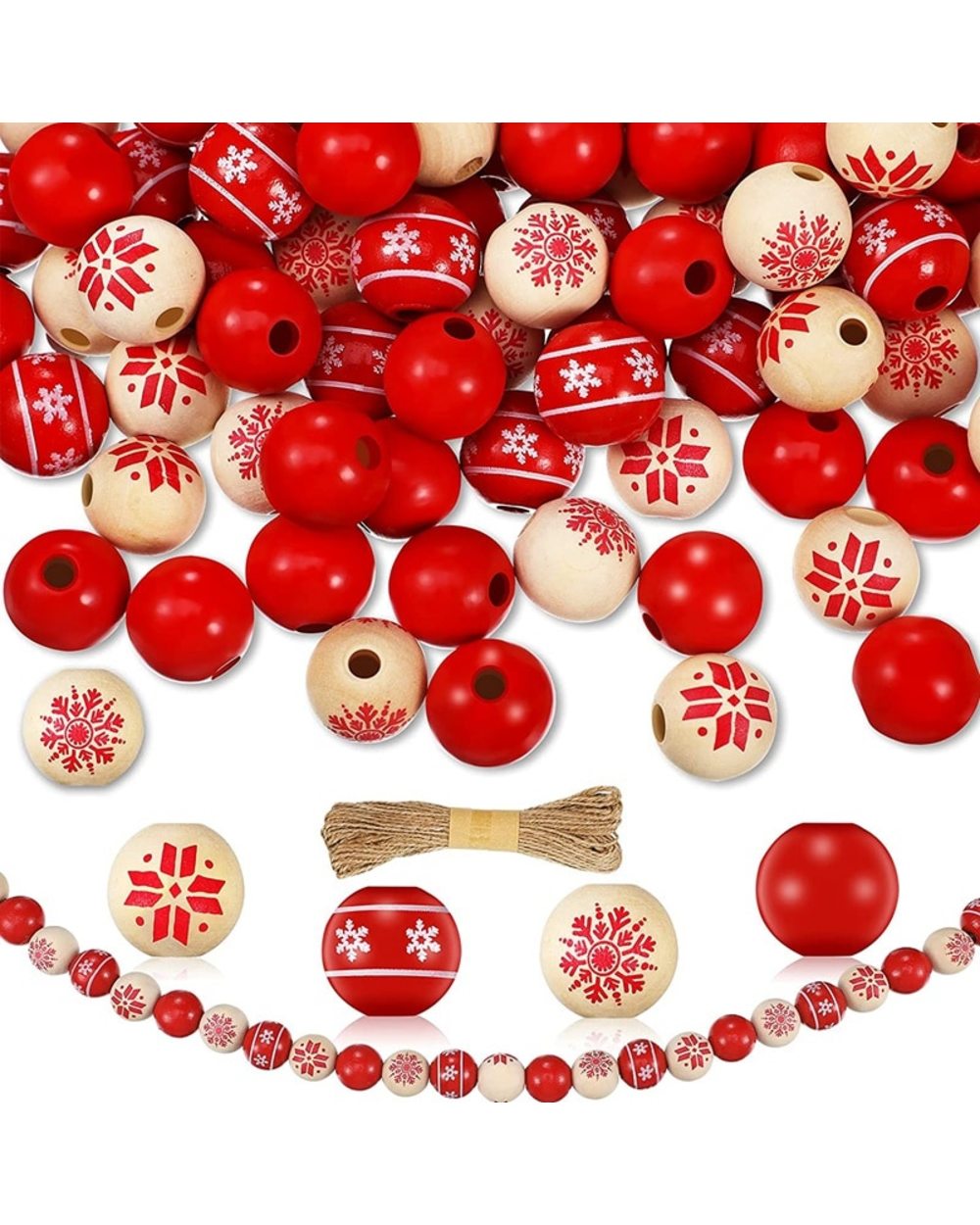 Set 120Pcs DIY Christmas Snowflake Wooden Bead Wood Round Bead with Rope Polished Spacer Bead Wood Ball Ornaments front-0