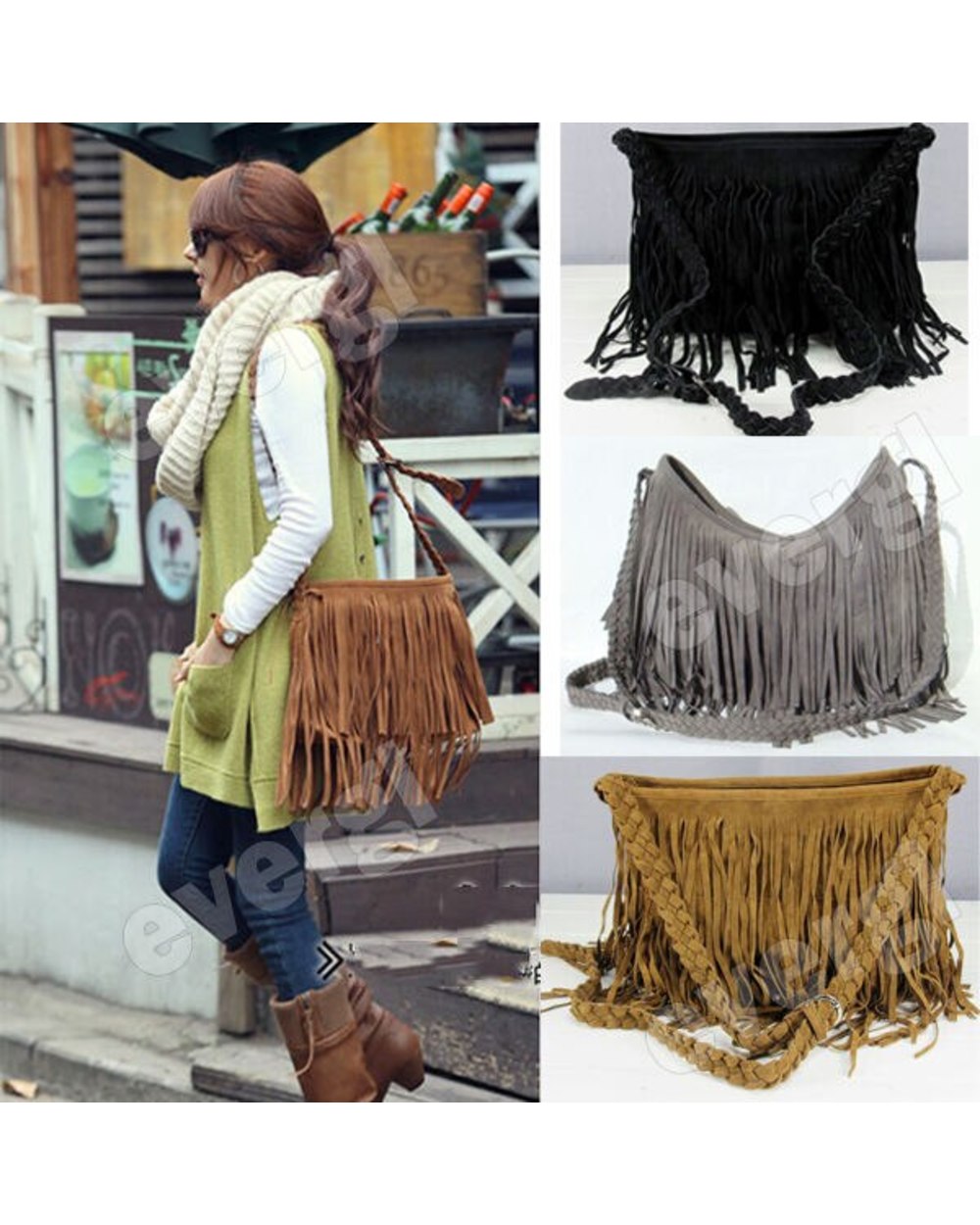 Shoulder bag Solid Tassels Trending Cross Body Bag Tassel Suede Faux fur Fringe Messenger Shoulder Handbag front-1