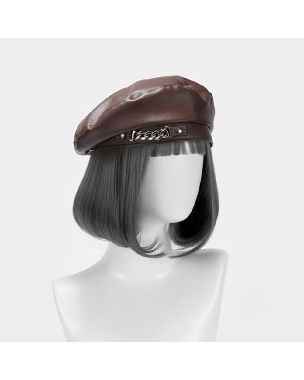 Autumn Winter Chain Pu Leather Berets For Women Flat Solid Color Black White Berets For Girl Ladies Travel Berets Paint front-1
