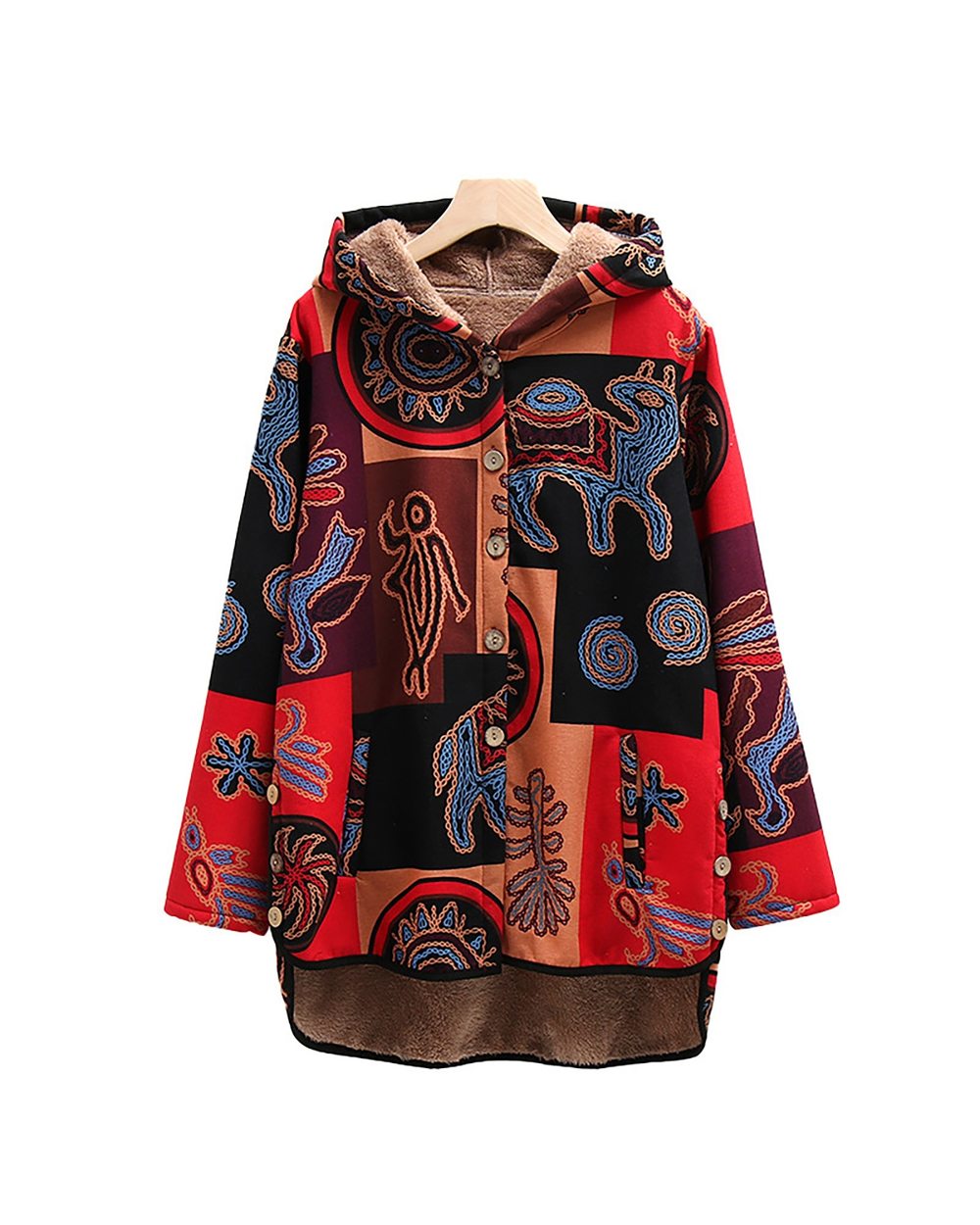 Retro Printing Splicing Zipper Hood Cardigan Long Sleeves Coat front-3