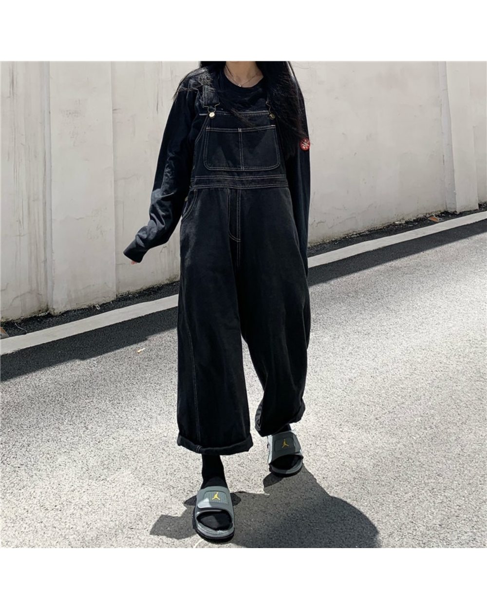 Korean Women Denim Jumpsuit Japanese Vintage Loose Black Jumpsuit Oversized Wide Leg Overalls For Women front-1