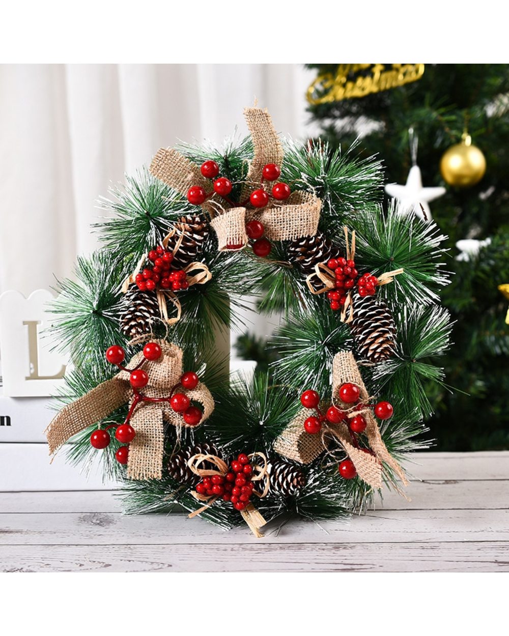 Christmas Wreath Artificial Pinecone Red Berry Garland Hanging Ornaments Front Door Wall Decorations Merry Christmas front-3