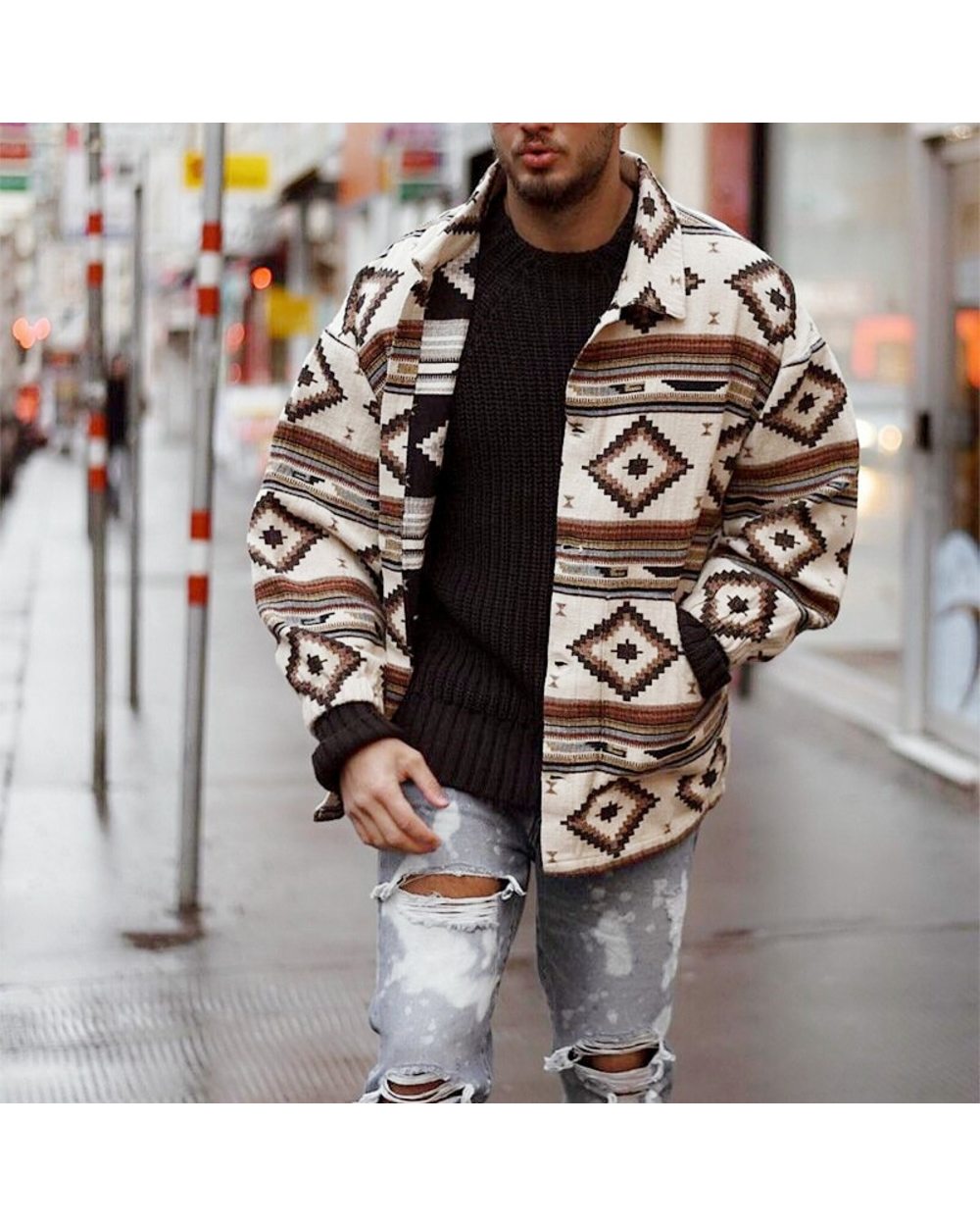 Winter Fashion Printed Wool Blazer Jackets fastener Lapel Mid -Length Overcoats Contrast Color Cardigan Jacket VG06 front-2