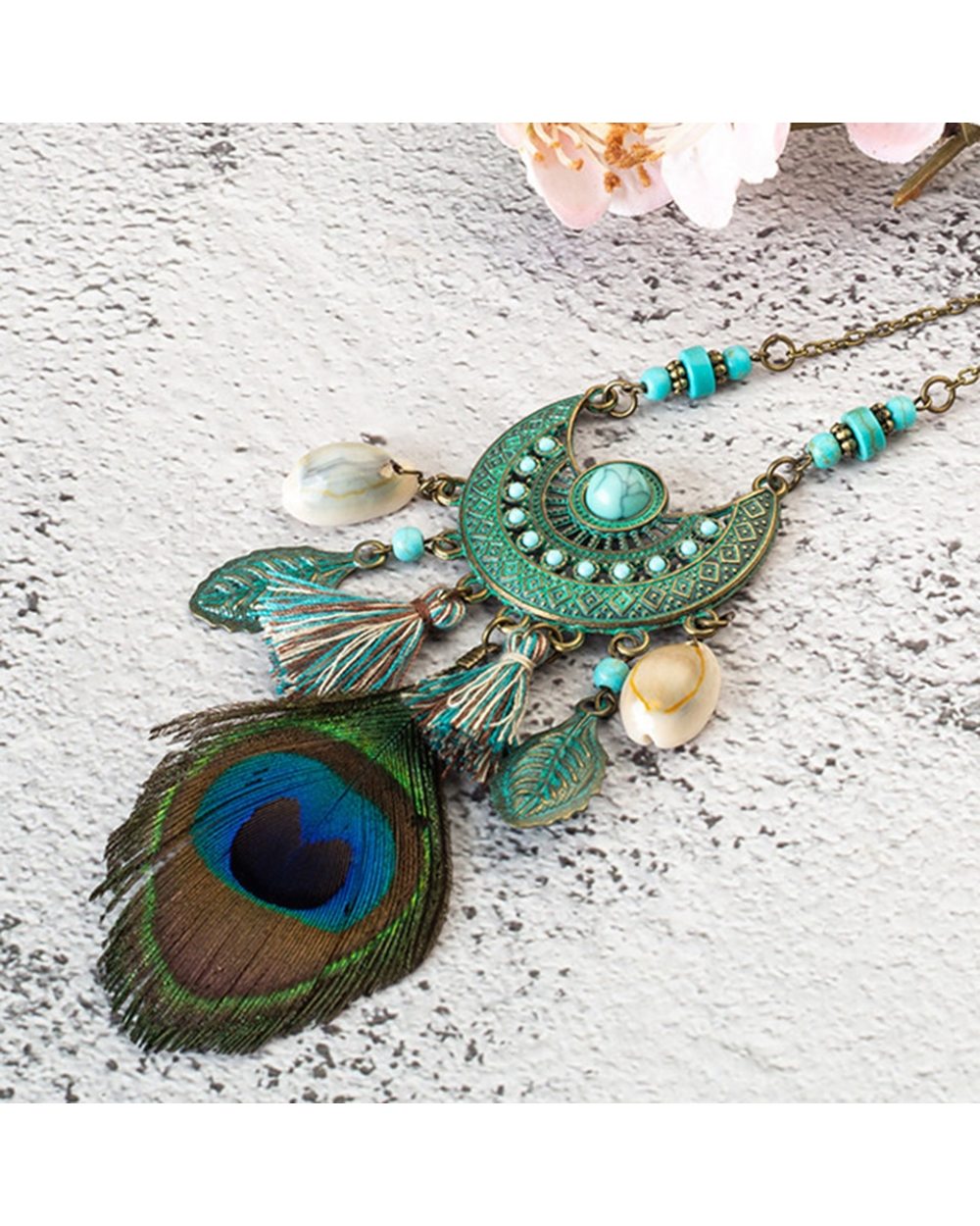 New style Tassel Peacock Feather Bohemian Long Necklace Shell Sweater Leather Chain Jewelry Exaggerated Design front-0