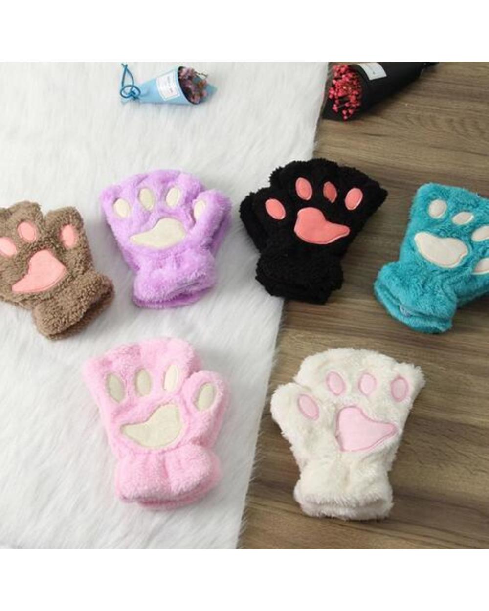 Girls Lovely Winter Warm Fingerless Gloves Fluffy Bear Cat Plush Paw Claw Half Finger Plush Gloves Mittens New Women Sk front-0