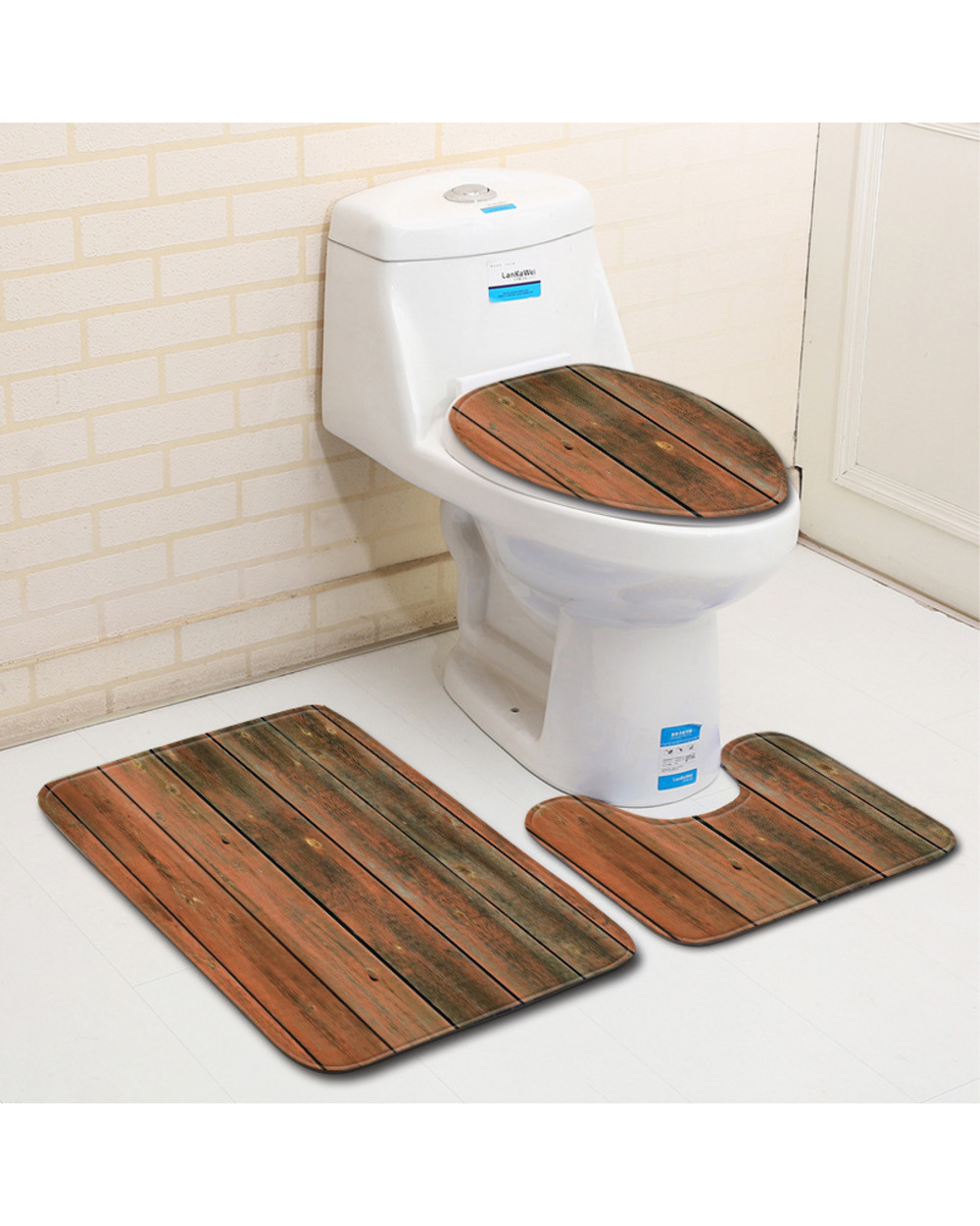 Zeegle 3Pcs Carpet For Bathroom Wood Printed Bath Mat 3Pcs Mats For Toilet Absorbent Bath Rugs Toilet Lid Cover Doormats front-2
