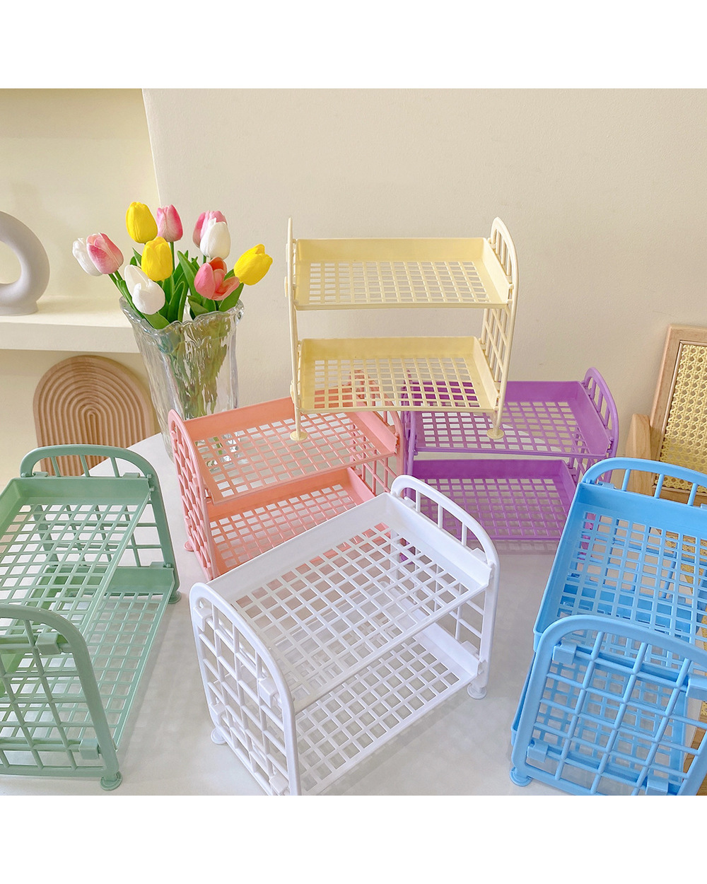 Macron Double Layer Shelf Desktop Organizer Stationary Storage Rack 2 Tier Shelf Holder Finishing Room Rack front-2