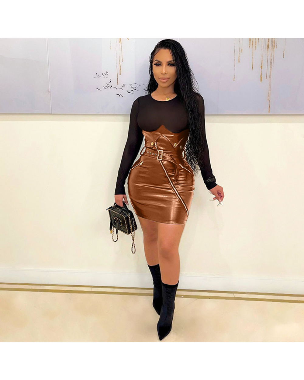 2022 Sexy PU Faux Leather Dress with Belt Women Elegant Long Flare Sleeve Bodycon Night Short Party Mini Club Dresses front-2