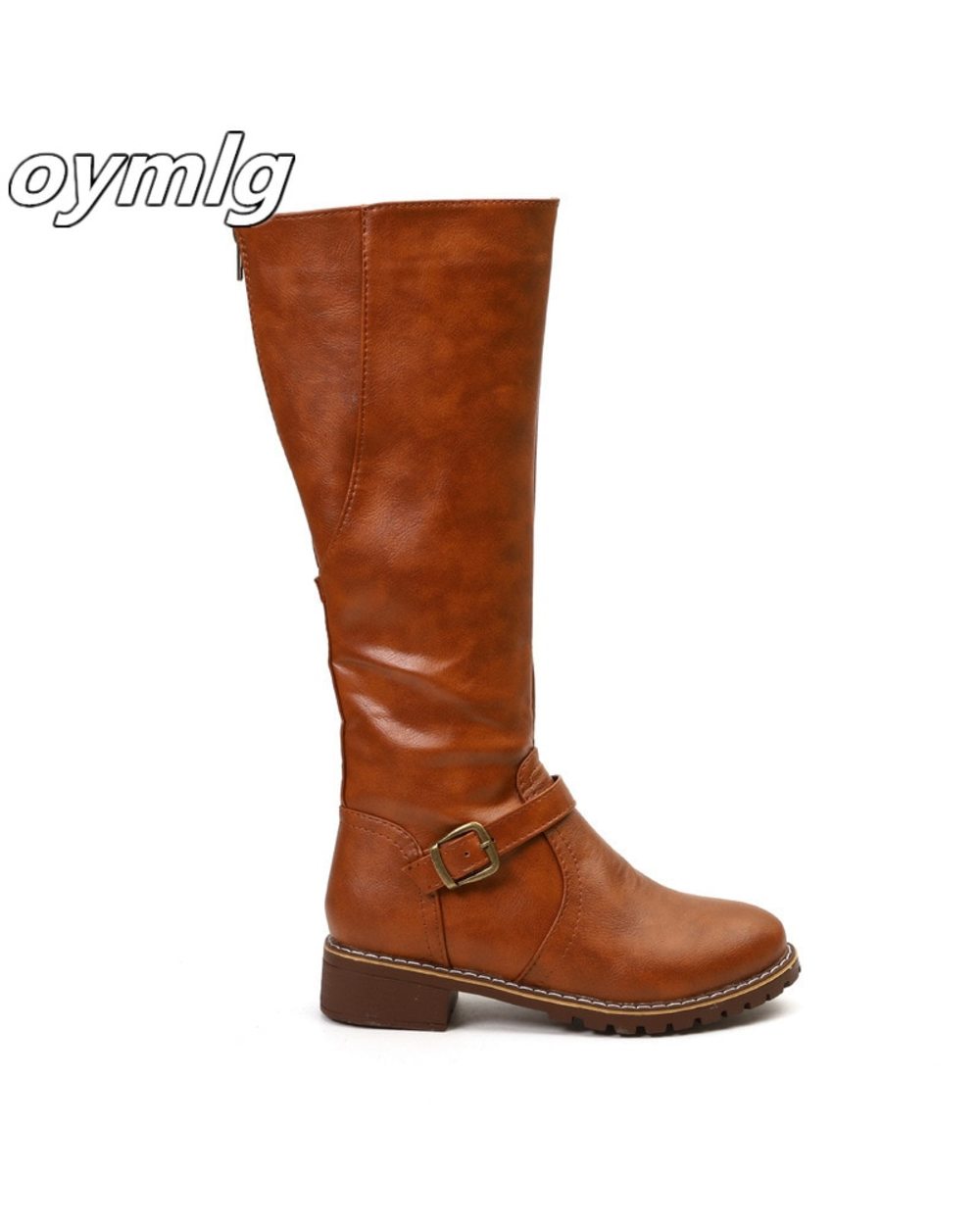 Women Vintage Leather Square Heel Zipper Knee Height Buckle Boot front-5