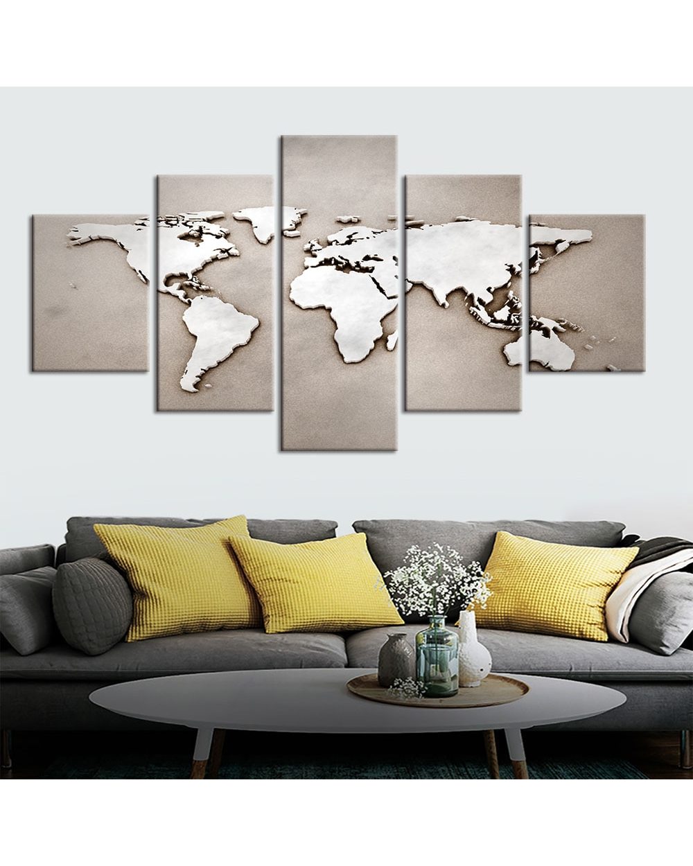 Abstract World Map in Light Silver Tone Picture Print Abstract 5 Panel Canvas Art Wall Decor front-0