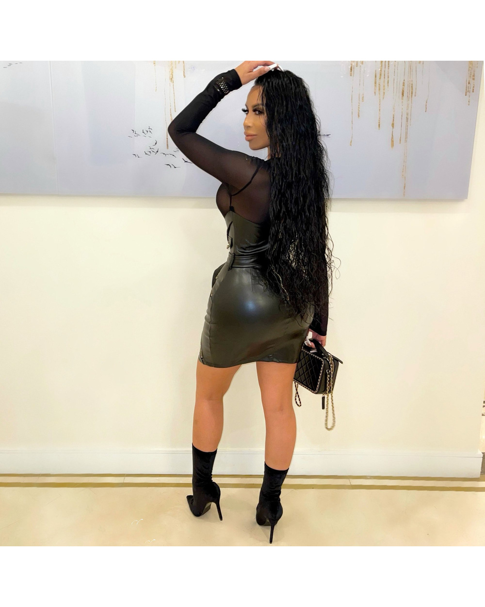 2022 Sexy PU Faux Leather Dress with Belt Women Elegant Long Flare Sleeve Bodycon Night Short Party Mini Club Dresses front-1